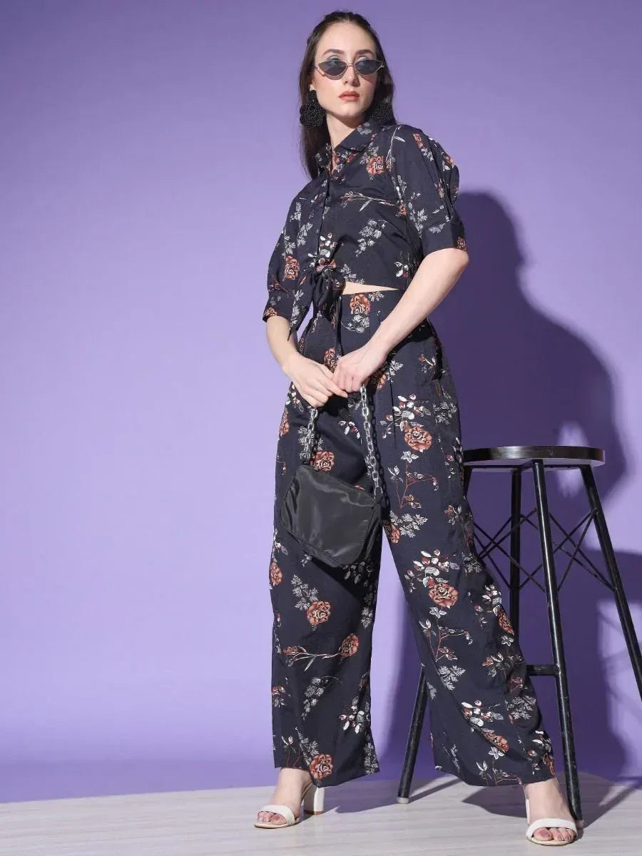 Floral print ethnic co-ord set with crop top and wide pants, stylish Indian wear for women