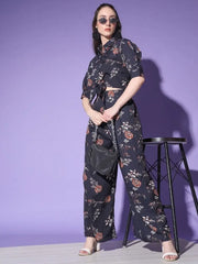 Fashionable Black Floral Printed Platinum Crepe Party Wear Palazzo Top