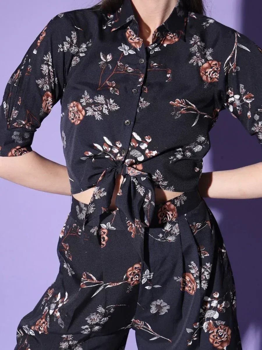 Black floral print ethnic top with front knot detail, stylish Indian wear