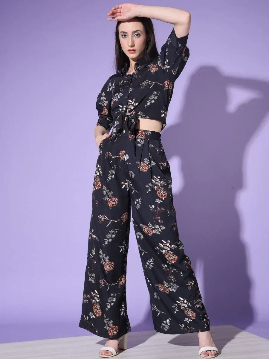 Black floral print ethnic crop top and wide-leg pants set for women