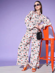 Stylish White Floral Printed Platinum Creap Events Wear Palazzo Top