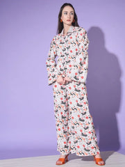 Stylish White Floral Printed Platinum Creap Events Wear Palazzo Top