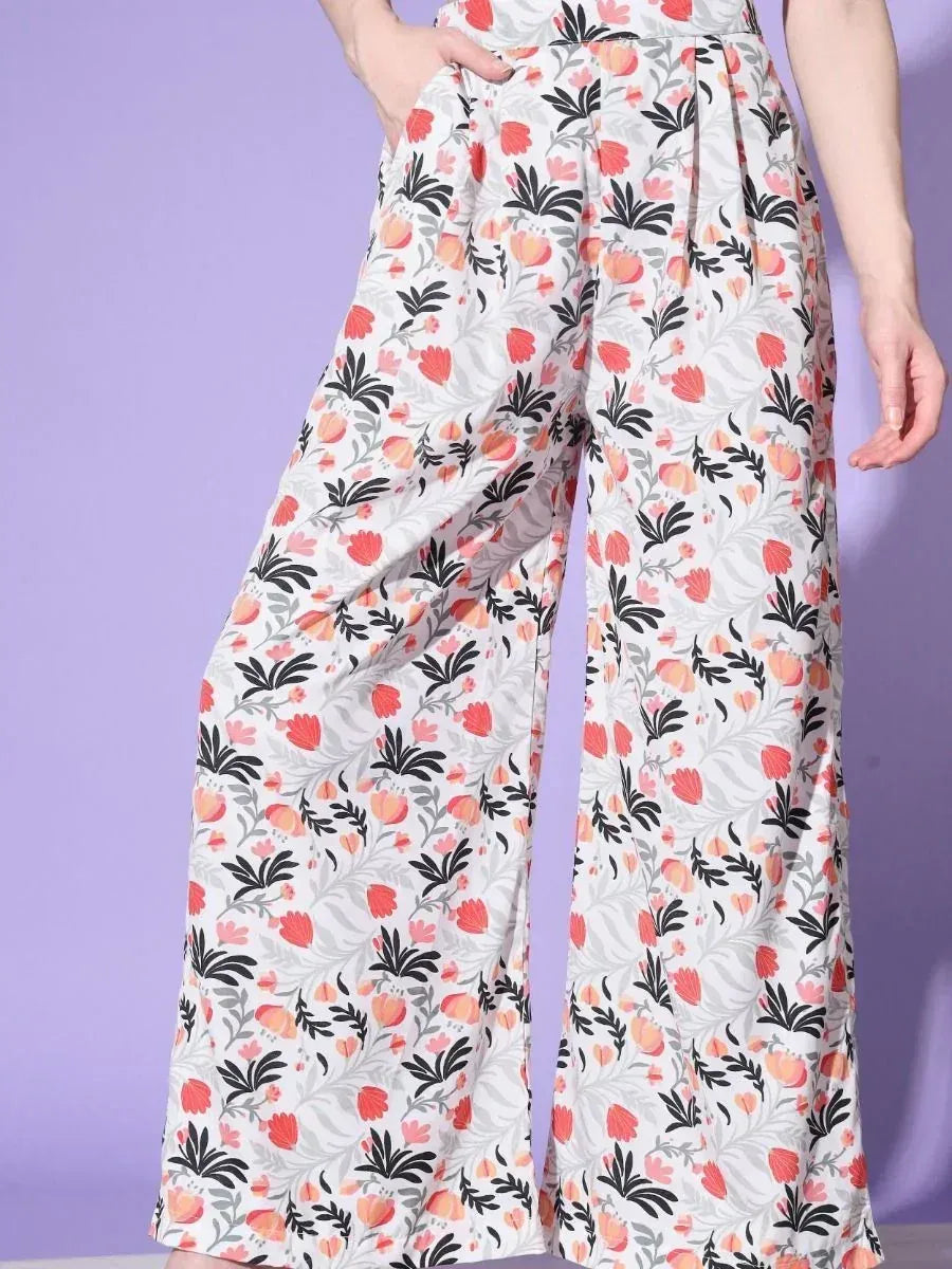 Floral print wide-leg palazzo pants with high waist, perfect for ethnic wear and casual styling