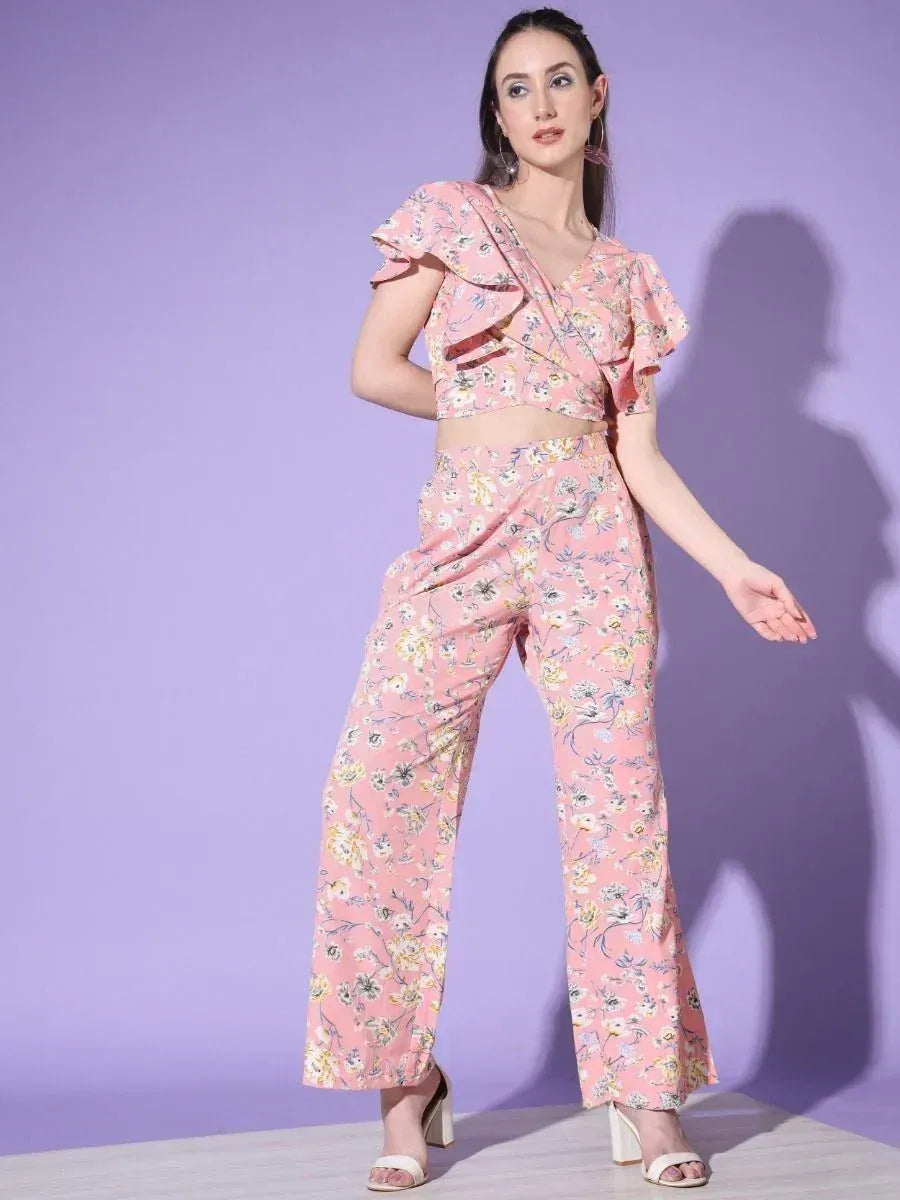 Pink floral ruffle top and wide-leg pants set, stylish ethnic wear for women