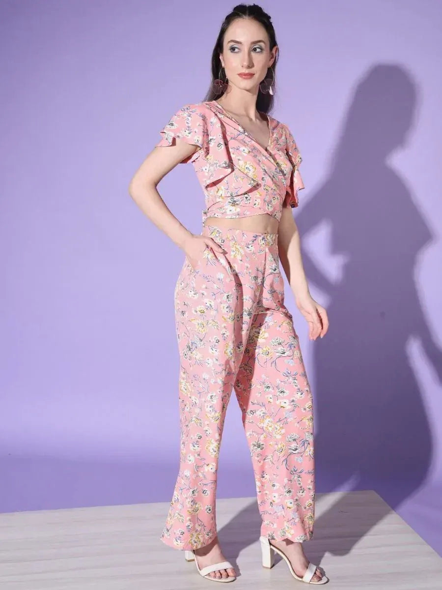 Pink floral print ethnic crop top with matching palazzo pants, stylish Indian wear for women