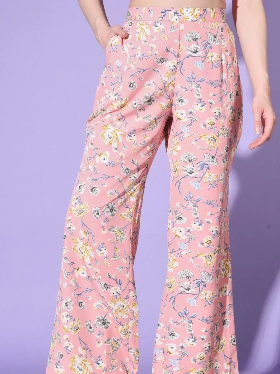 Pink floral palazzo pants with wide legs, perfect for ethnic wear and casual styling