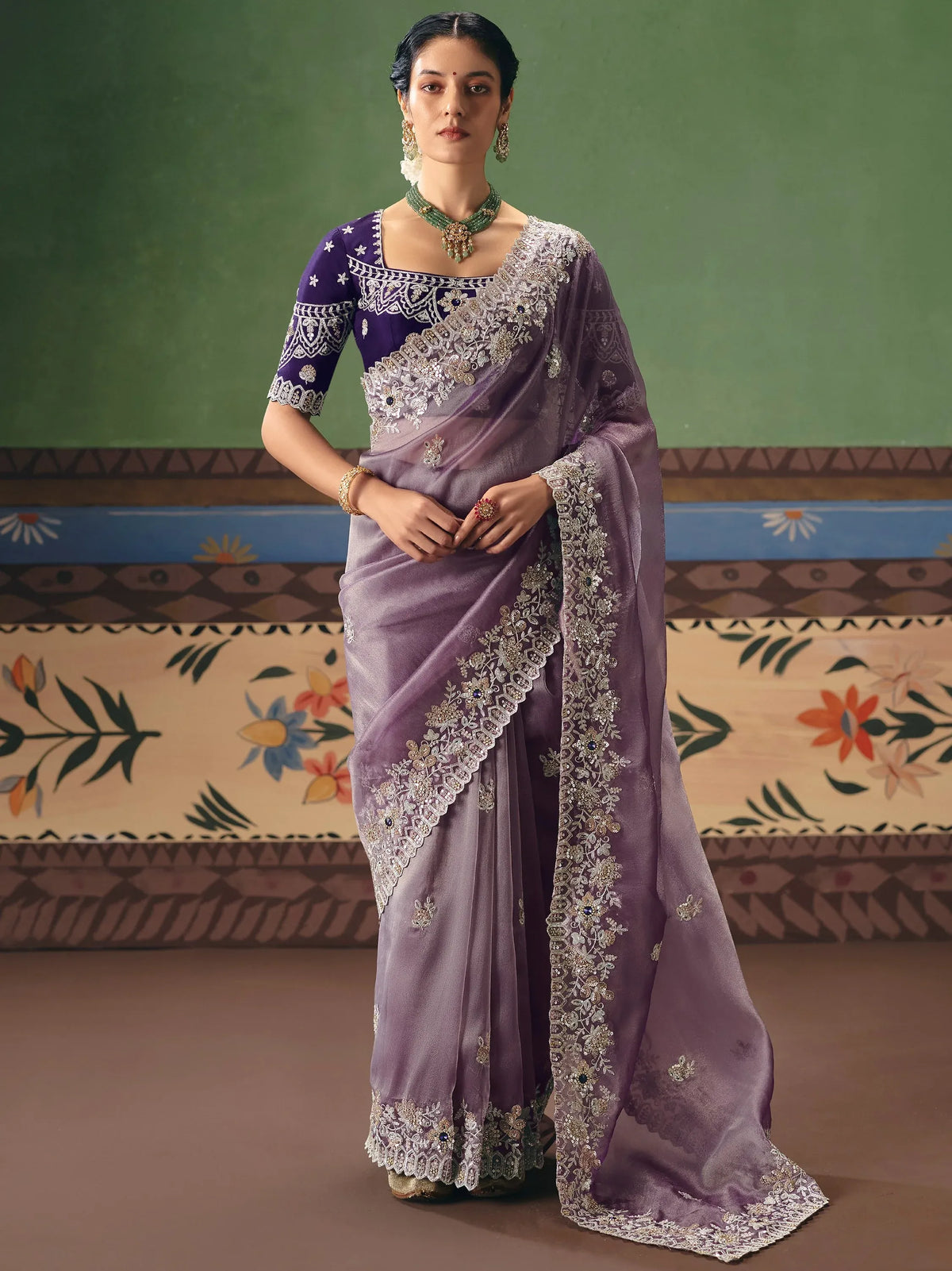 Appealing Purple Sequins Silk Reception Wear Saree With Blouse