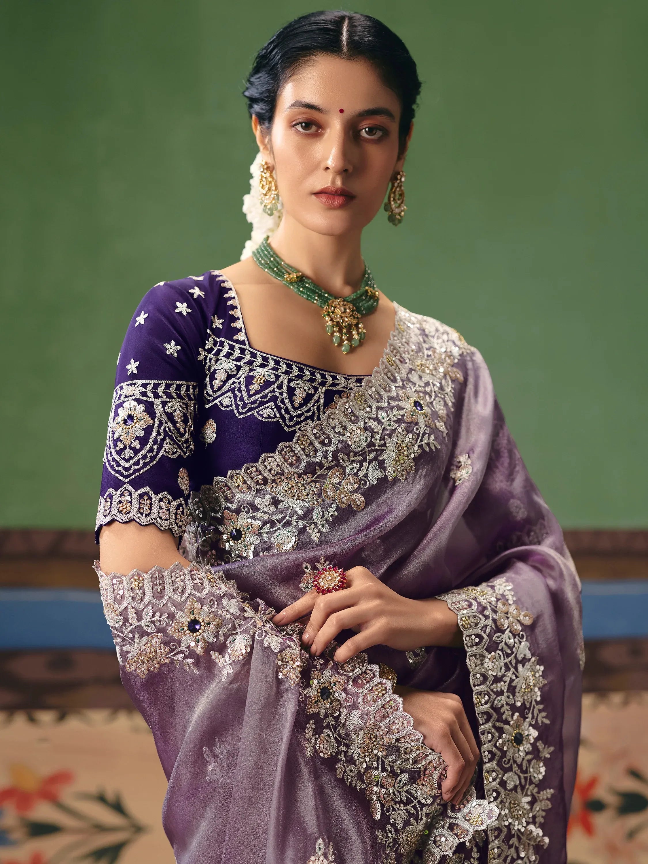 Appealing Purple Sequins Silk Reception Wear Saree With Blouse