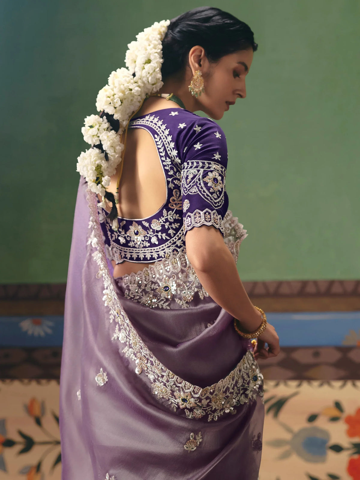 Appealing Purple Sequins Silk Reception Wear Saree With Blouse