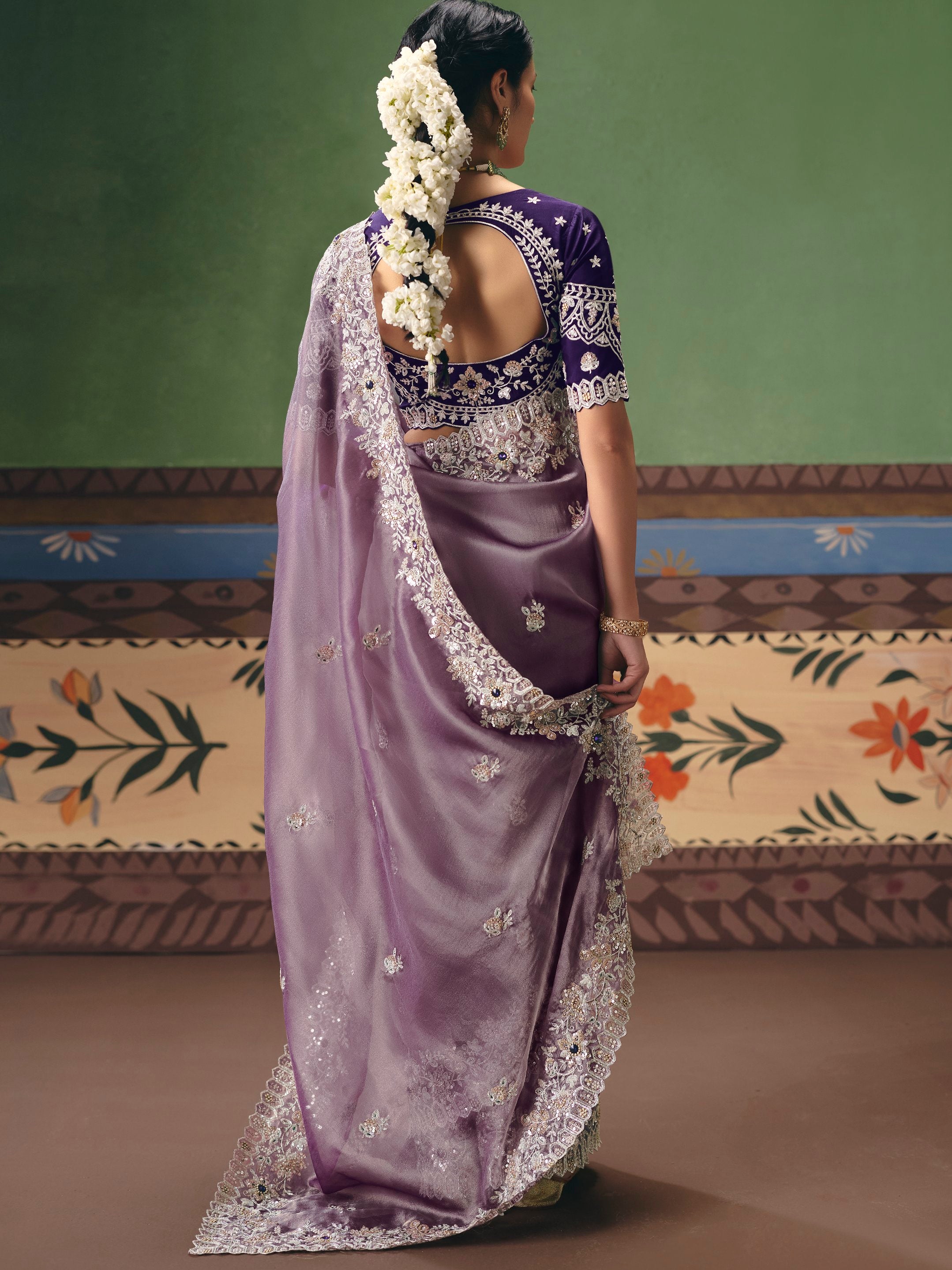 Appealing Purple Sequins Silk Reception Wear Saree With Blouse