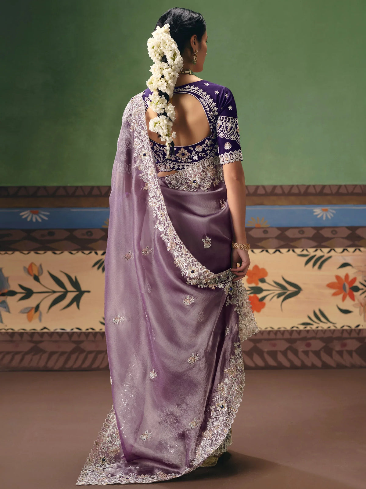 Appealing Purple Sequins Silk Reception Wear Saree With Blouse