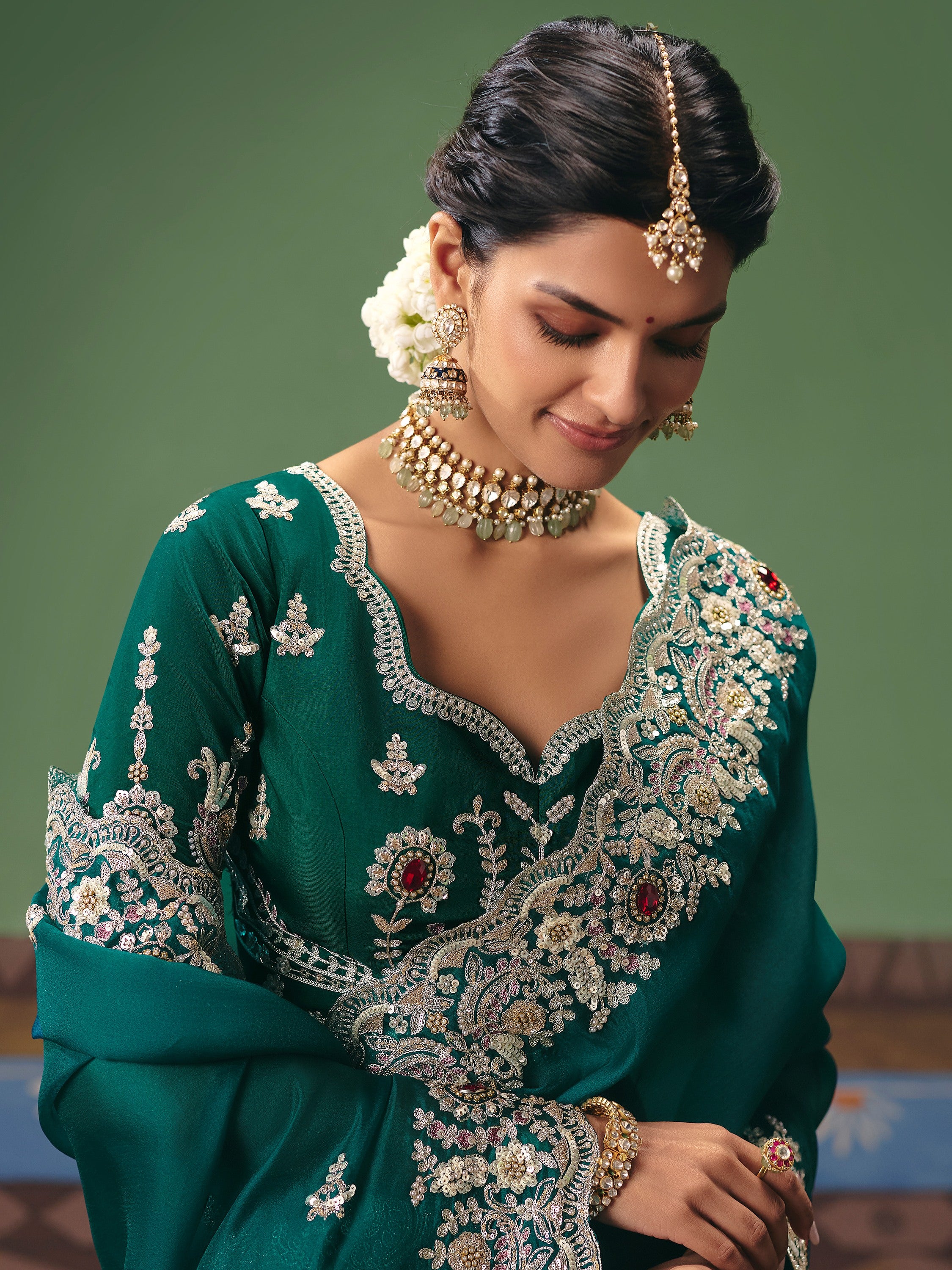 Glamorous Teal Green Moti Work Silk Mehendi Wear Saree With Blouse