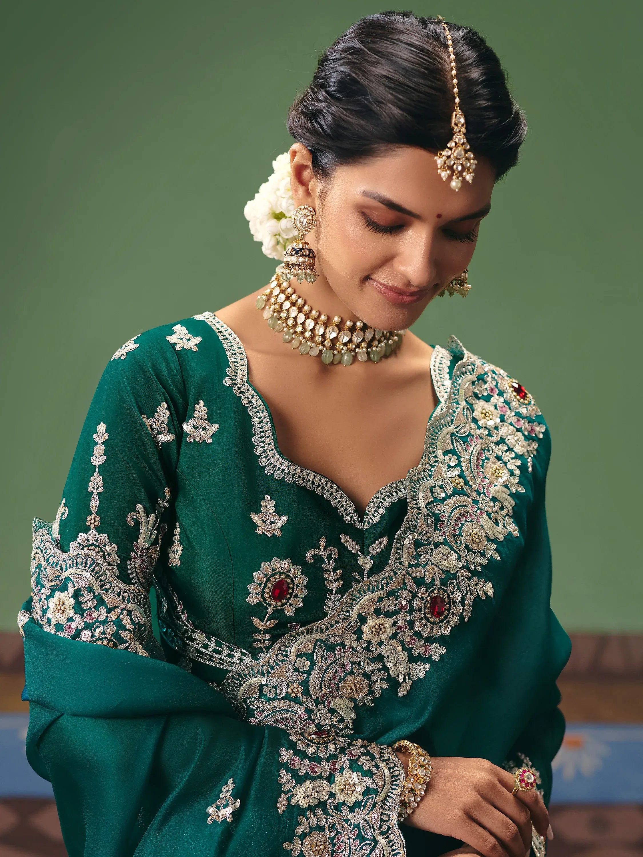 Glamorous Teal Green Moti Work Silk Mehendi Wear Saree With Blouse