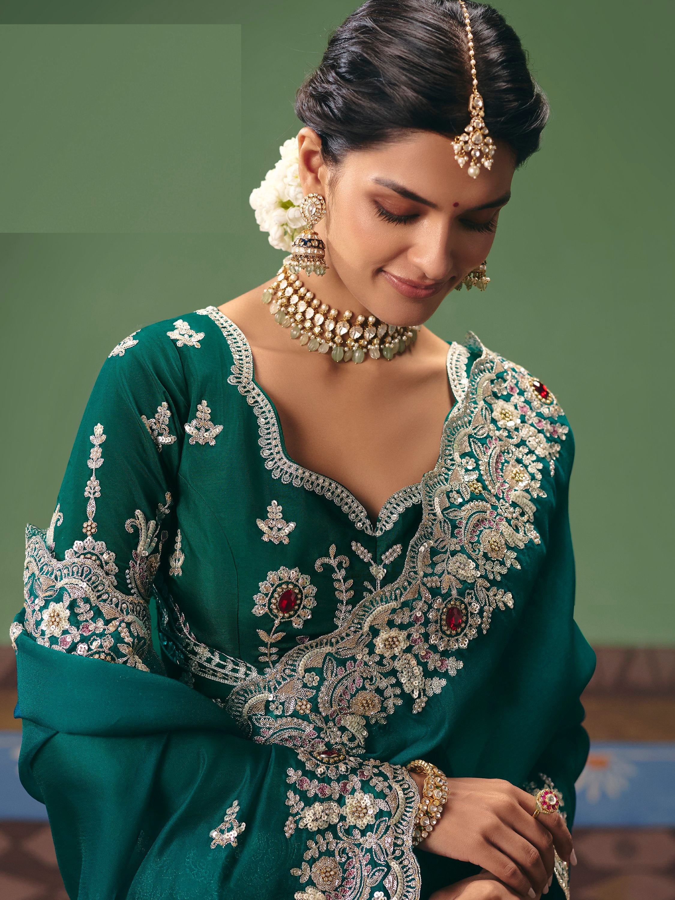 Glamorous Teal Green Moti Work Silk Mehendi Wear Saree With Blouse