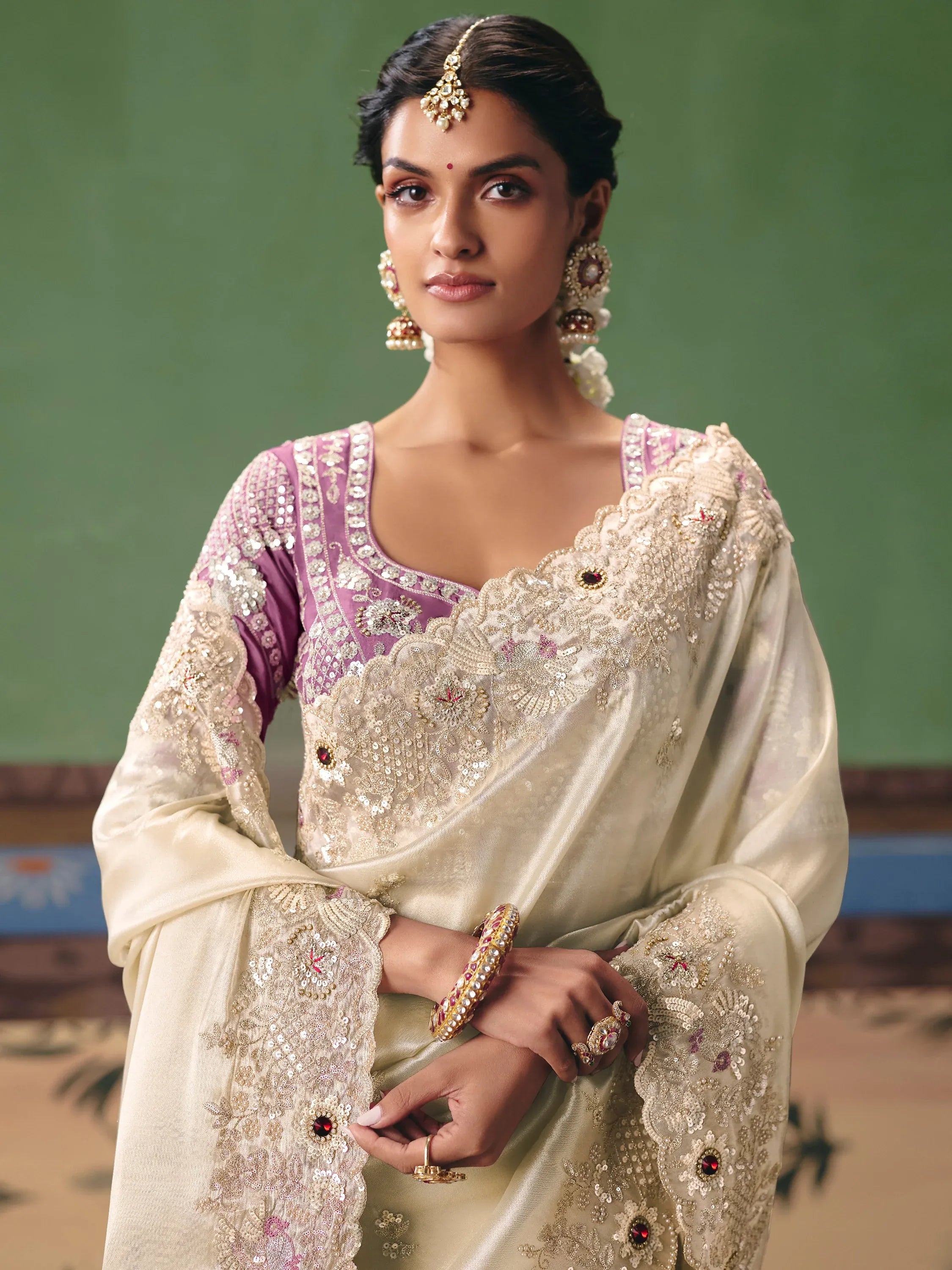 Magnificent Off-White Stone Work Silk Evening Wear Saree With Blouse