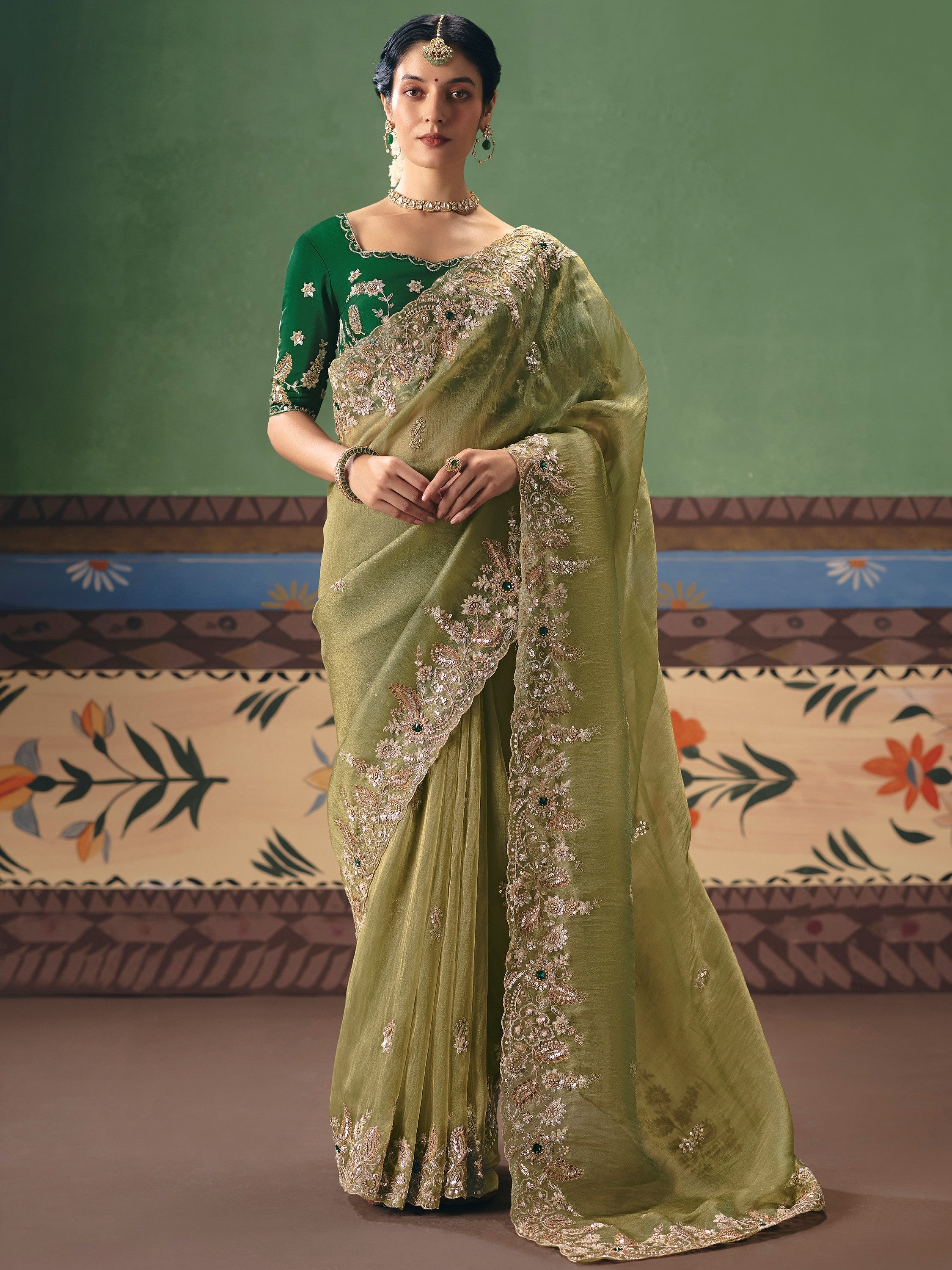 Great Olive Green Heavy Embroidered Silk Mehendi Wear Saree With Blouse