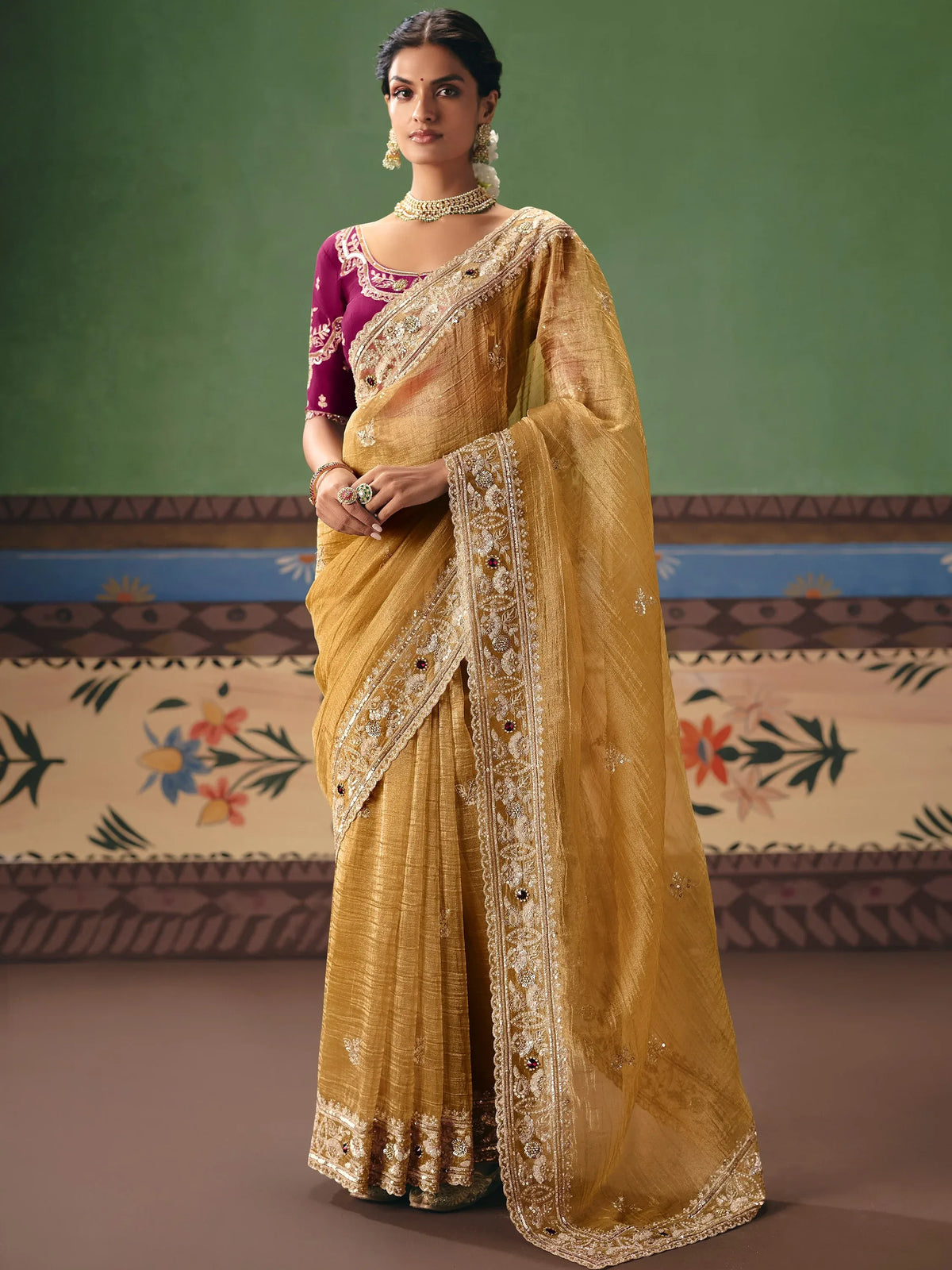 Impressive Golden Sequins Silk Party Wear Saree With Blouse