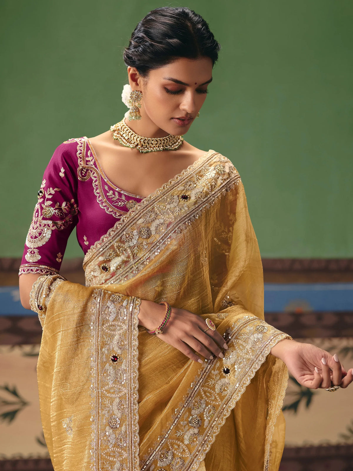 Impressive Golden Sequins Silk Party Wear Saree With Blouse