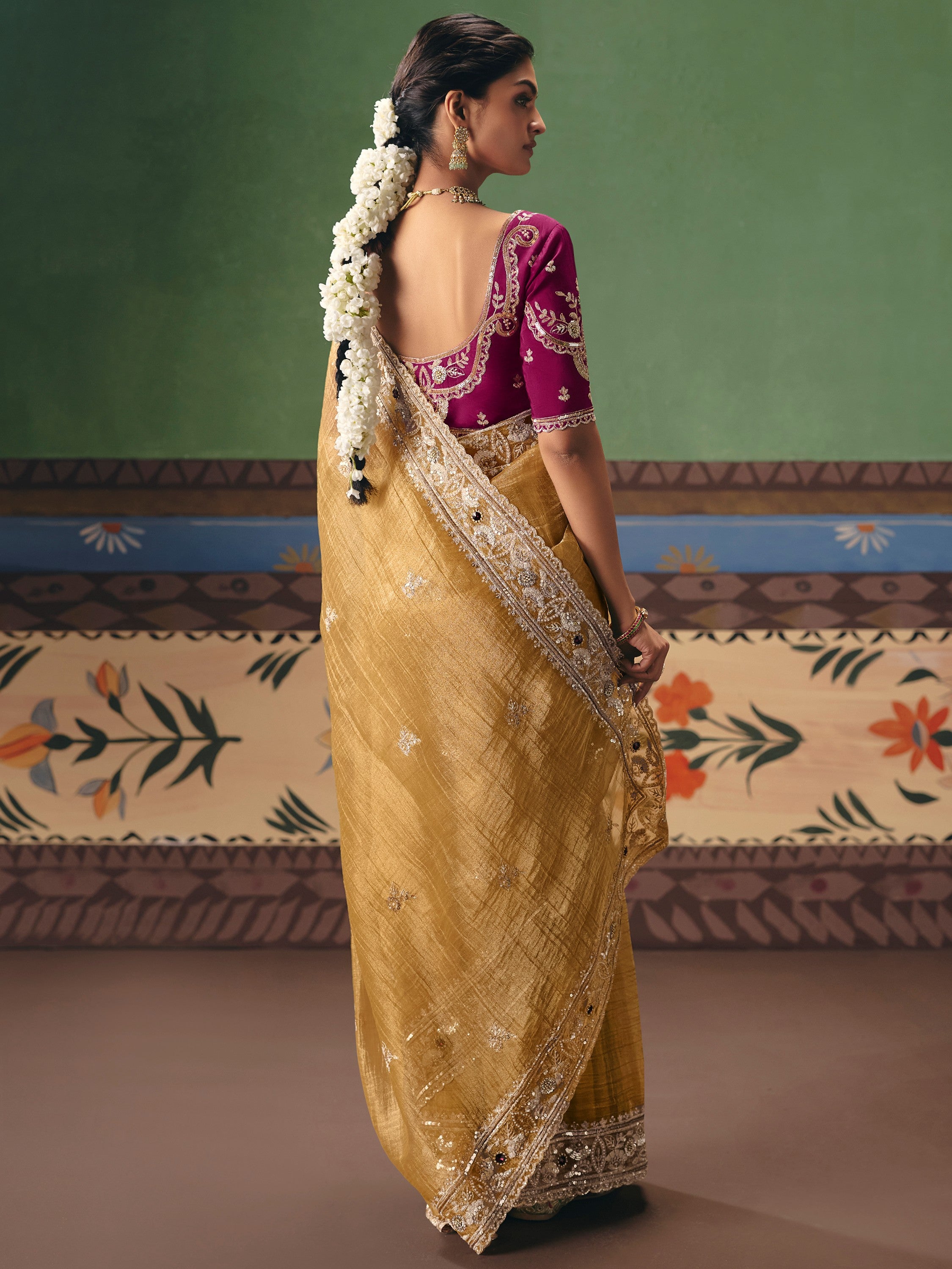 Impressive Golden Sequins Silk Party Wear Saree With Blouse
