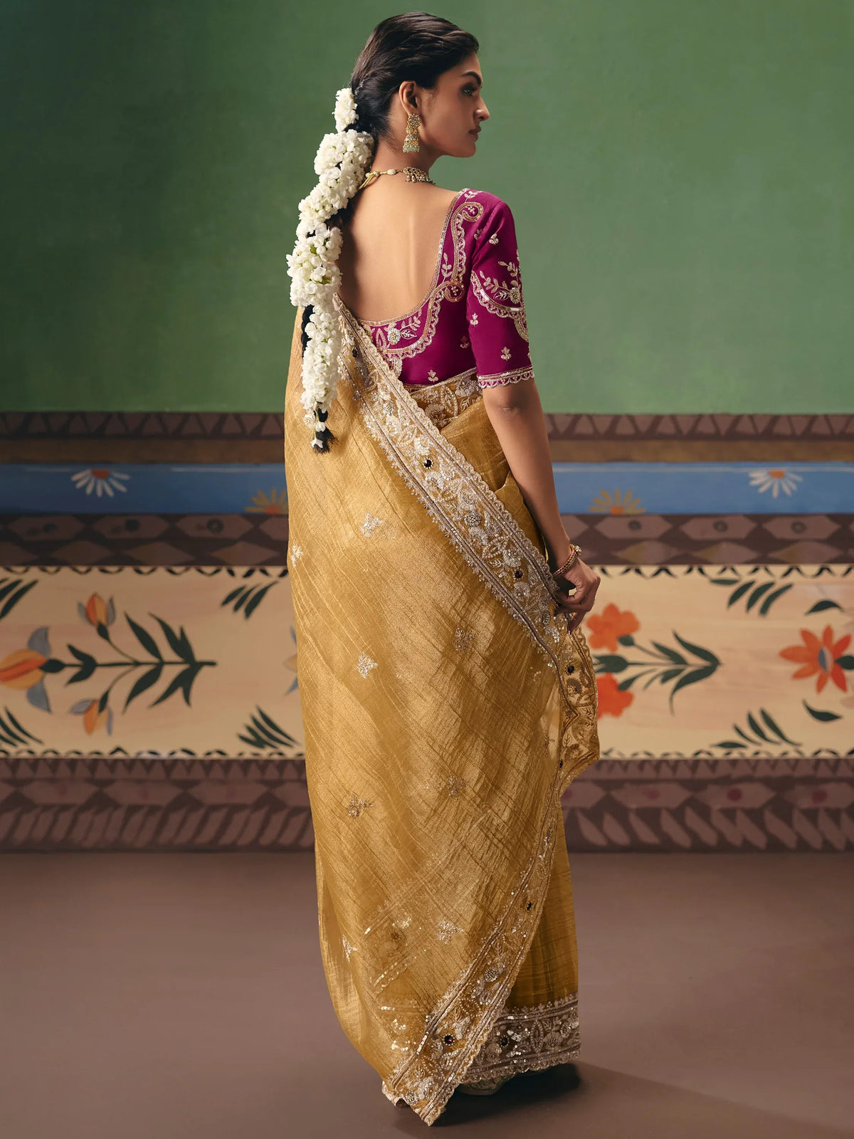 Impressive Golden Sequins Silk Party Wear Saree With Blouse