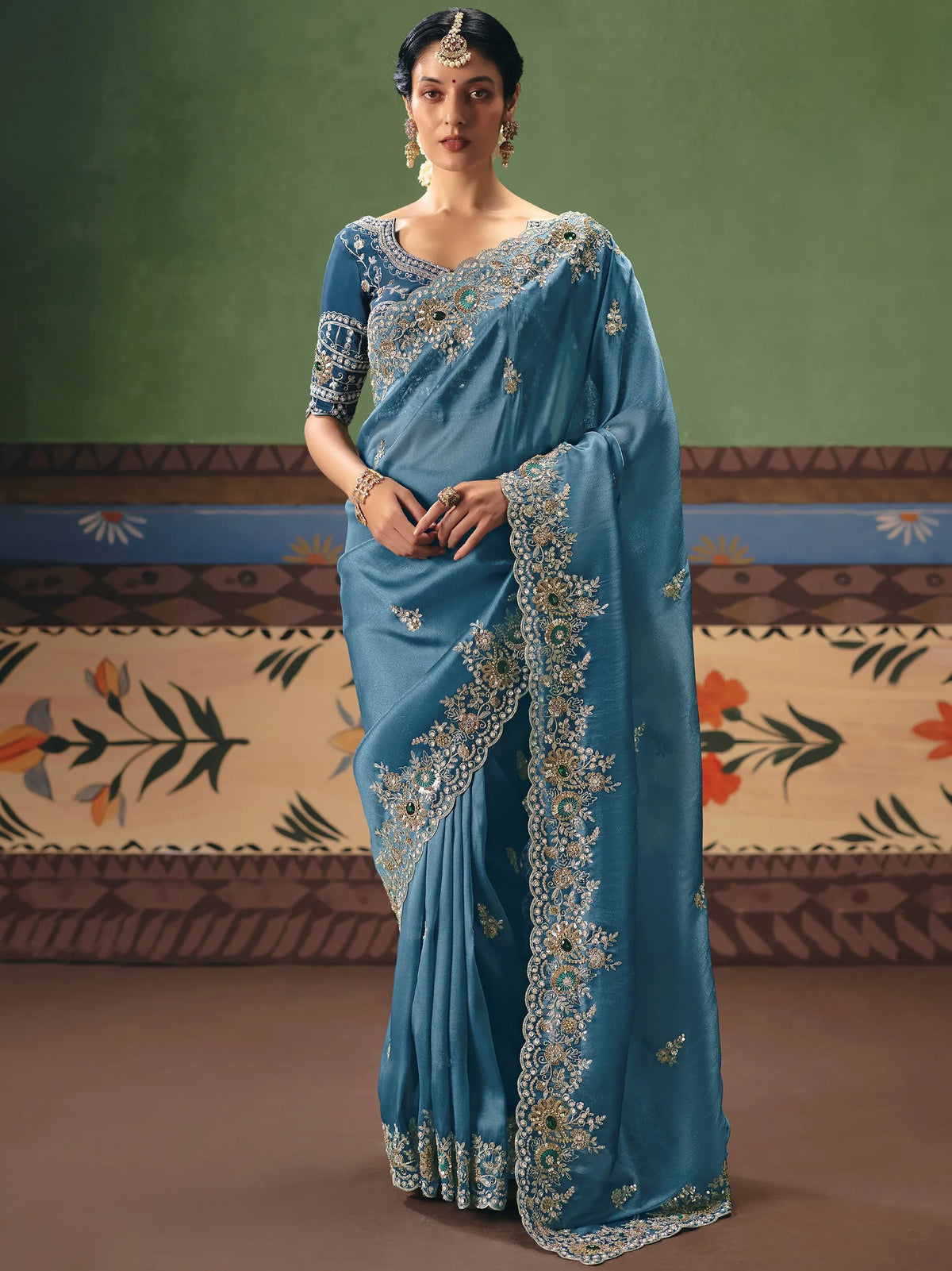 Elegant Teal Blue Dori Work Silk Wedding Wear Saree With Blouse