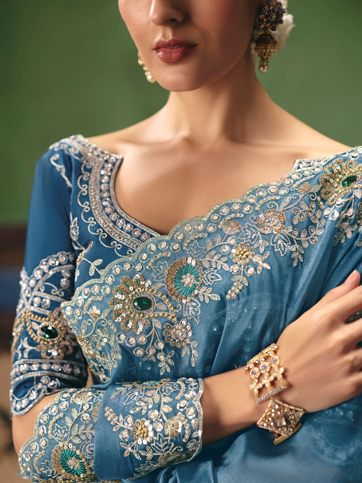 Elegant Teal Blue Dori Work Silk Wedding Wear Saree With Blouse