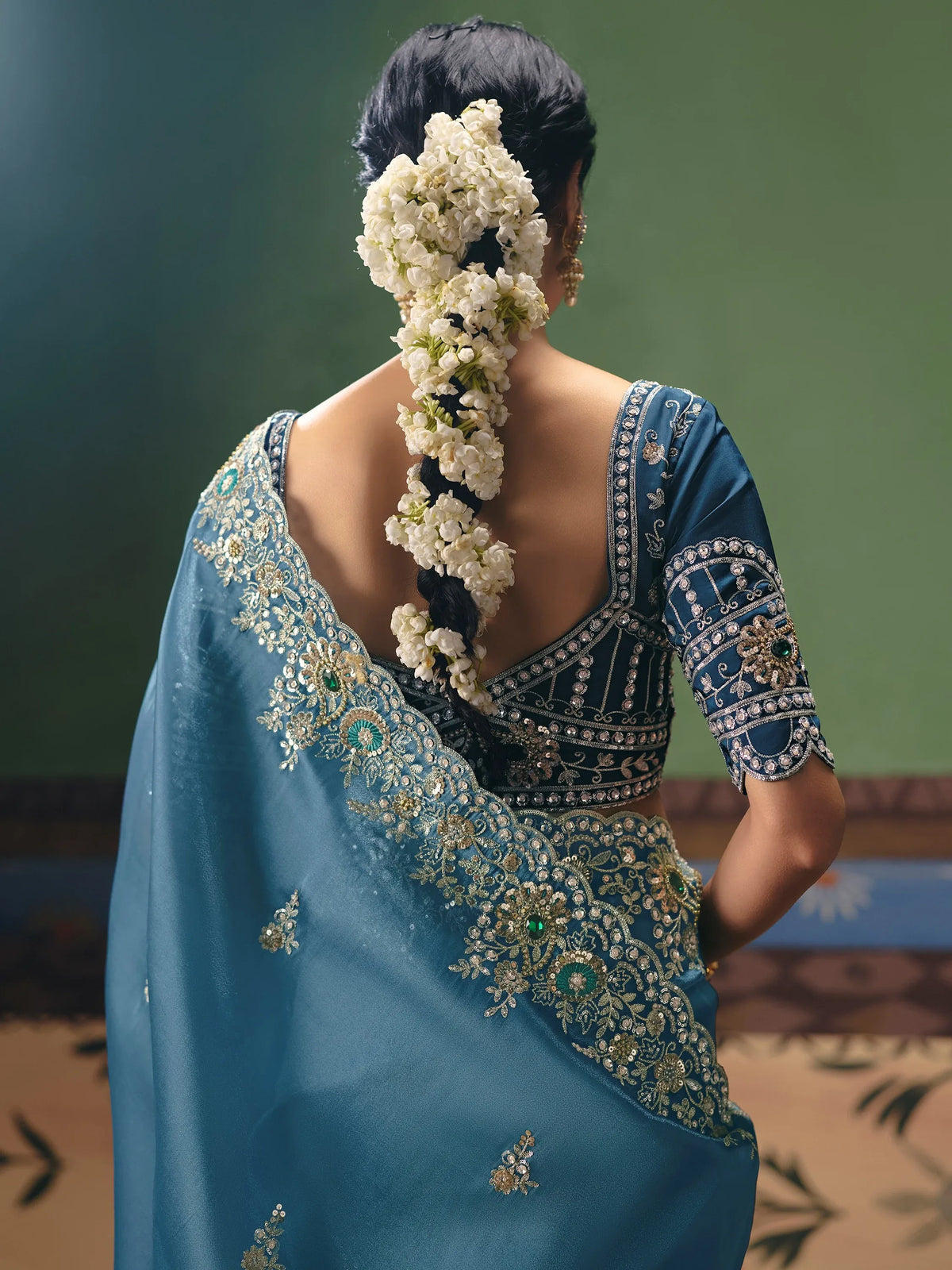 Elegant Teal Blue Dori Work Silk Wedding Wear Saree With Blouse