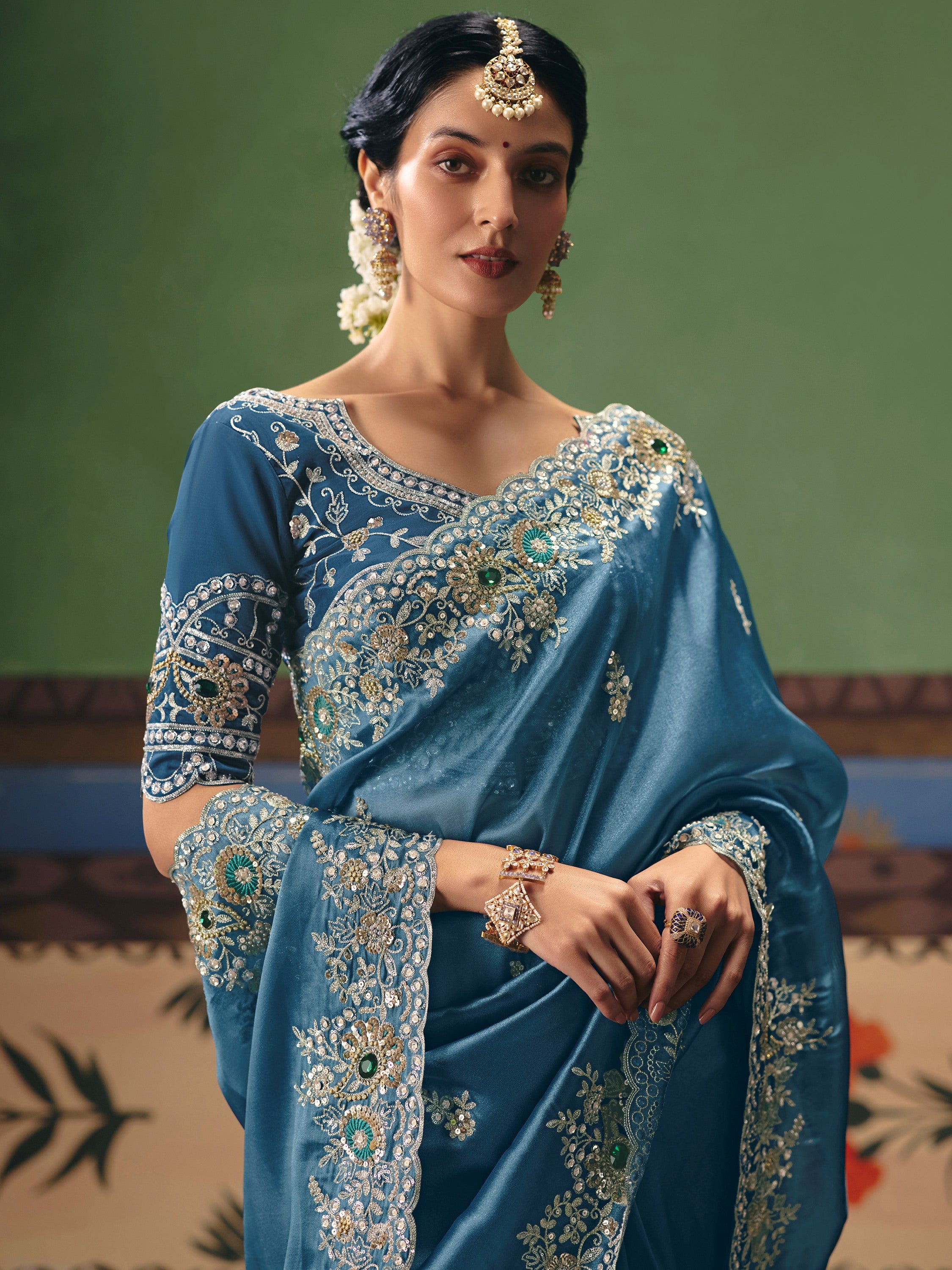 Elegant Teal Blue Dori Work Silk Wedding Wear Saree With Blouse
