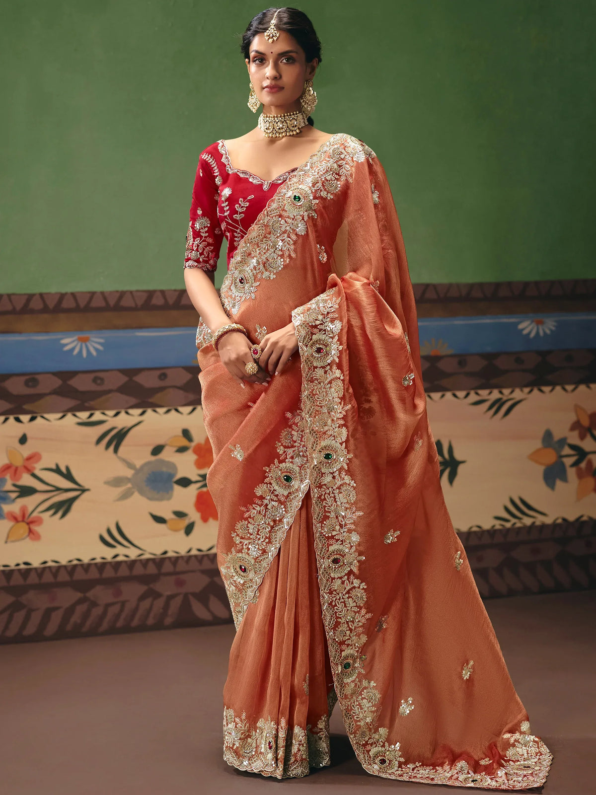 Stunning Orange Stone Work Silk Event Wear Saree With Blouse