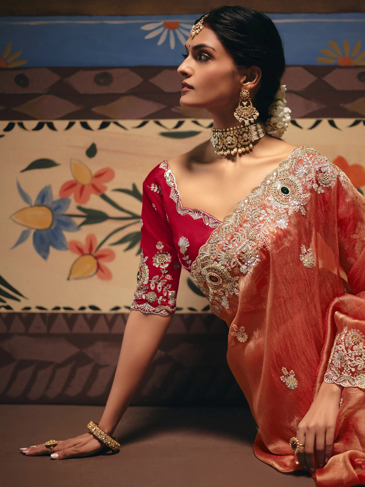 Stunning Orange Stone Work Silk Event Wear Saree With Blouse