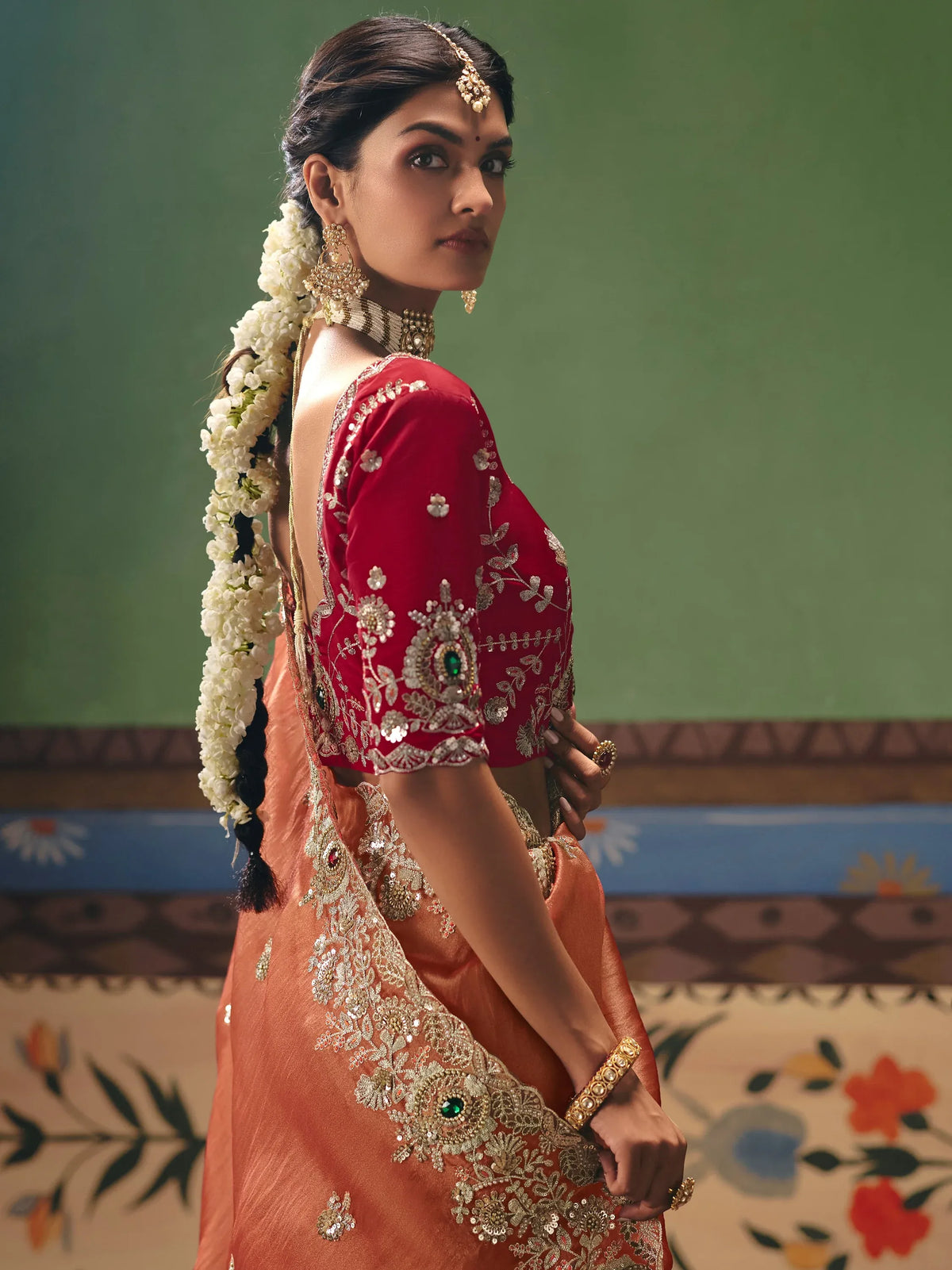Stunning Orange Stone Work Silk Event Wear Saree With Blouse