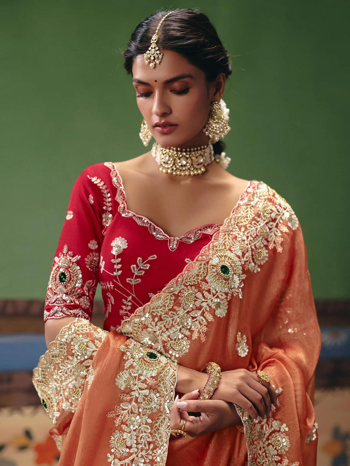 Stunning Orange Stone Work Silk Event Wear Saree With Blouse