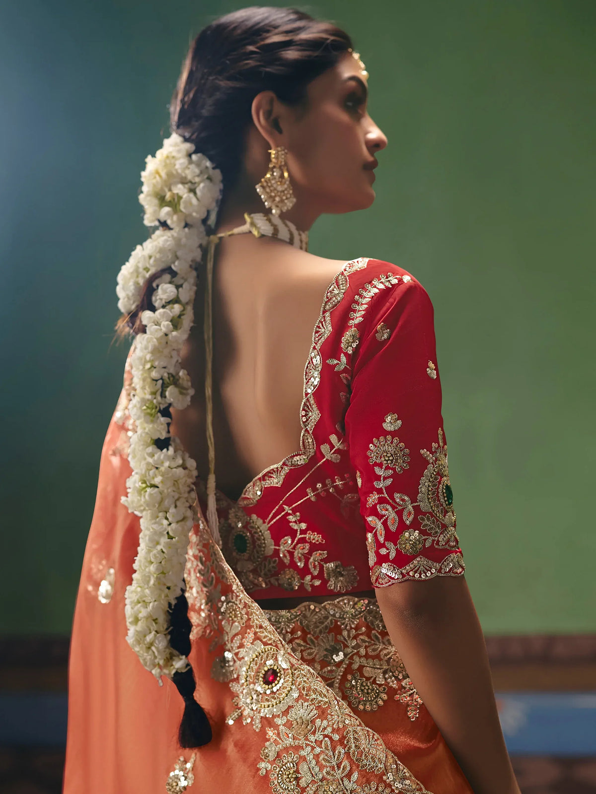 Stunning Orange Stone Work Silk Event Wear Saree With Blouse
