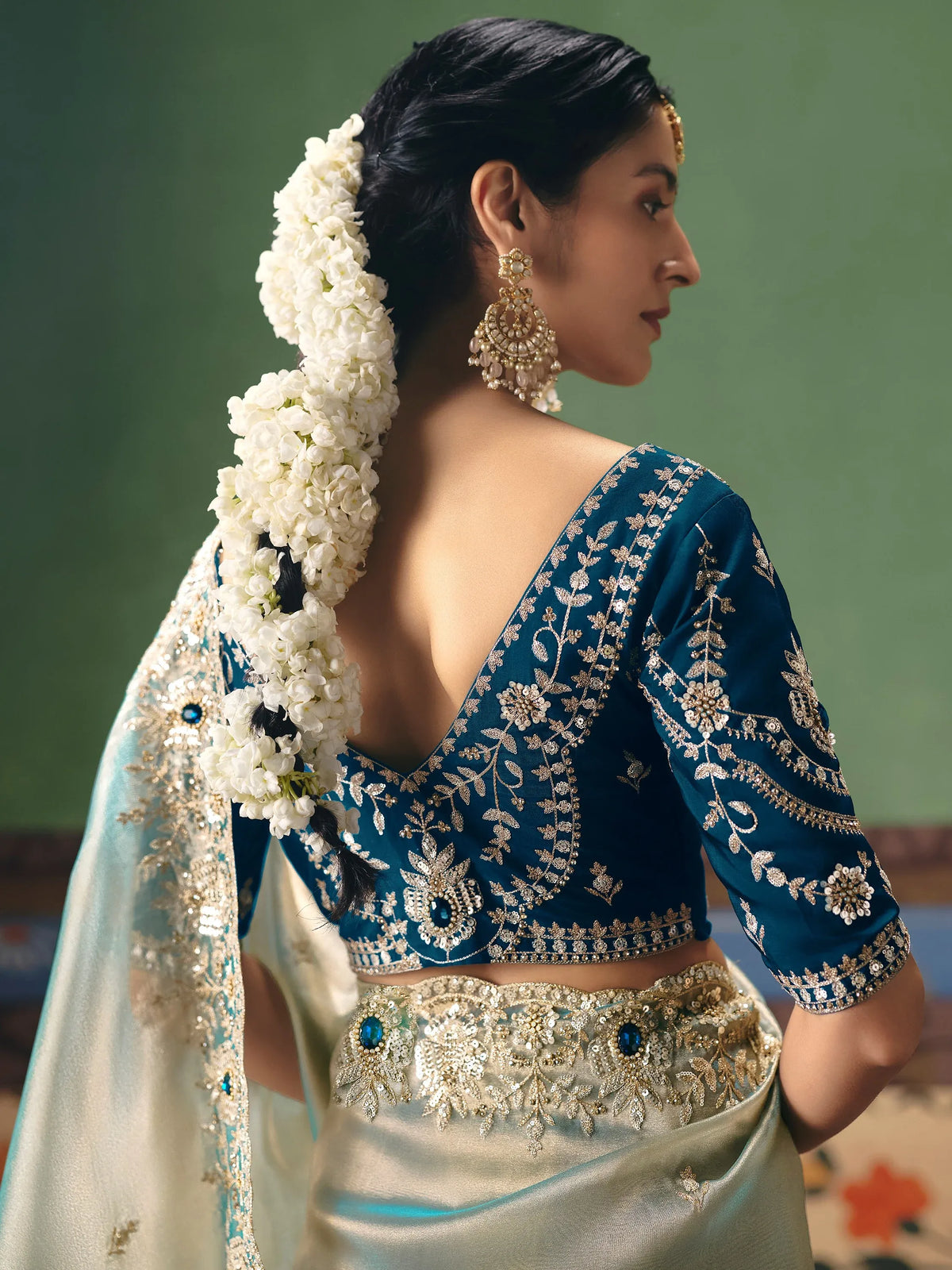 Super Mint Green Embroidered Silk Engagement Wear Saree With Blouse