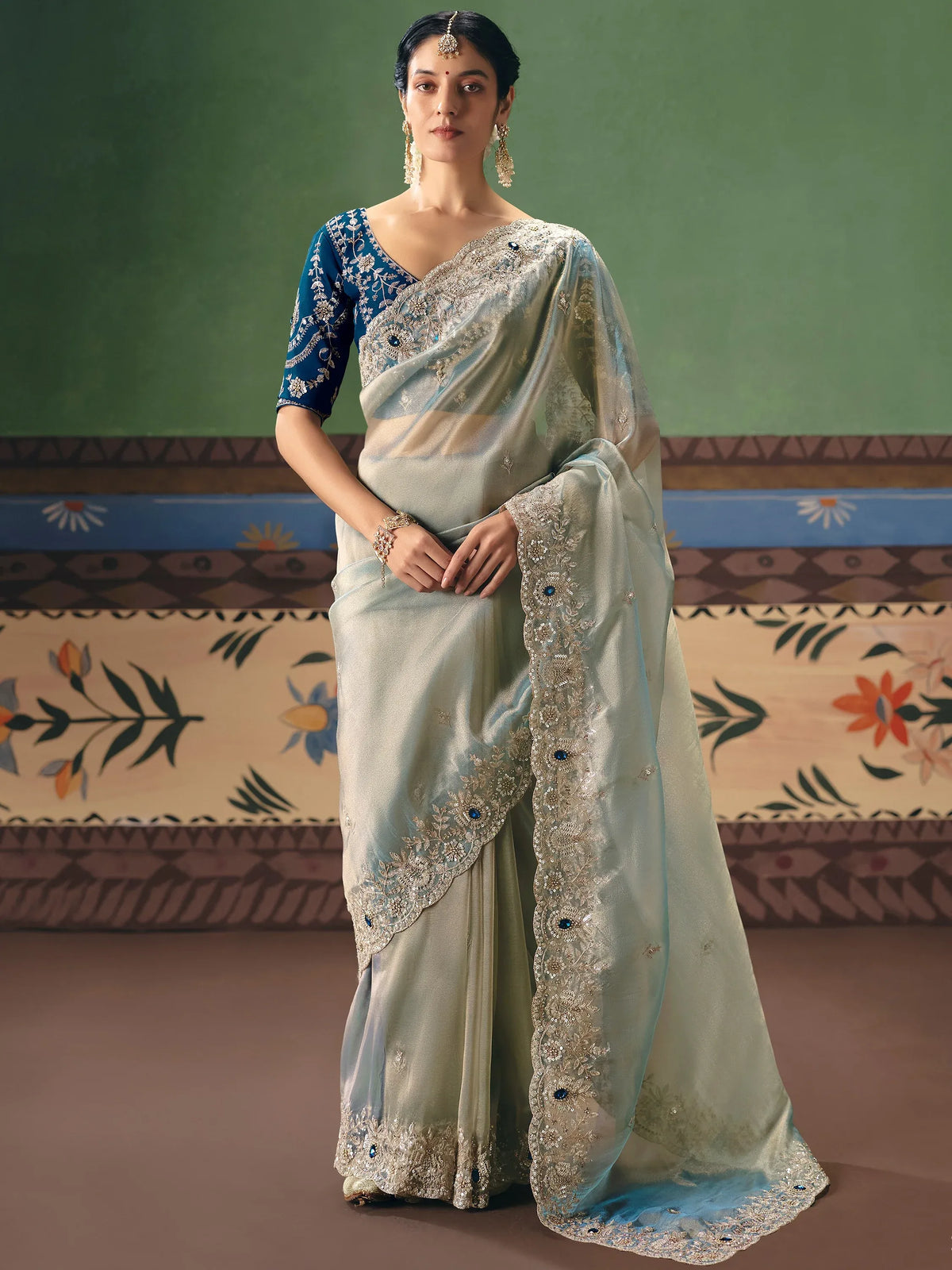 Super Mint Green Embroidered Silk Engagement Wear Saree With Blouse