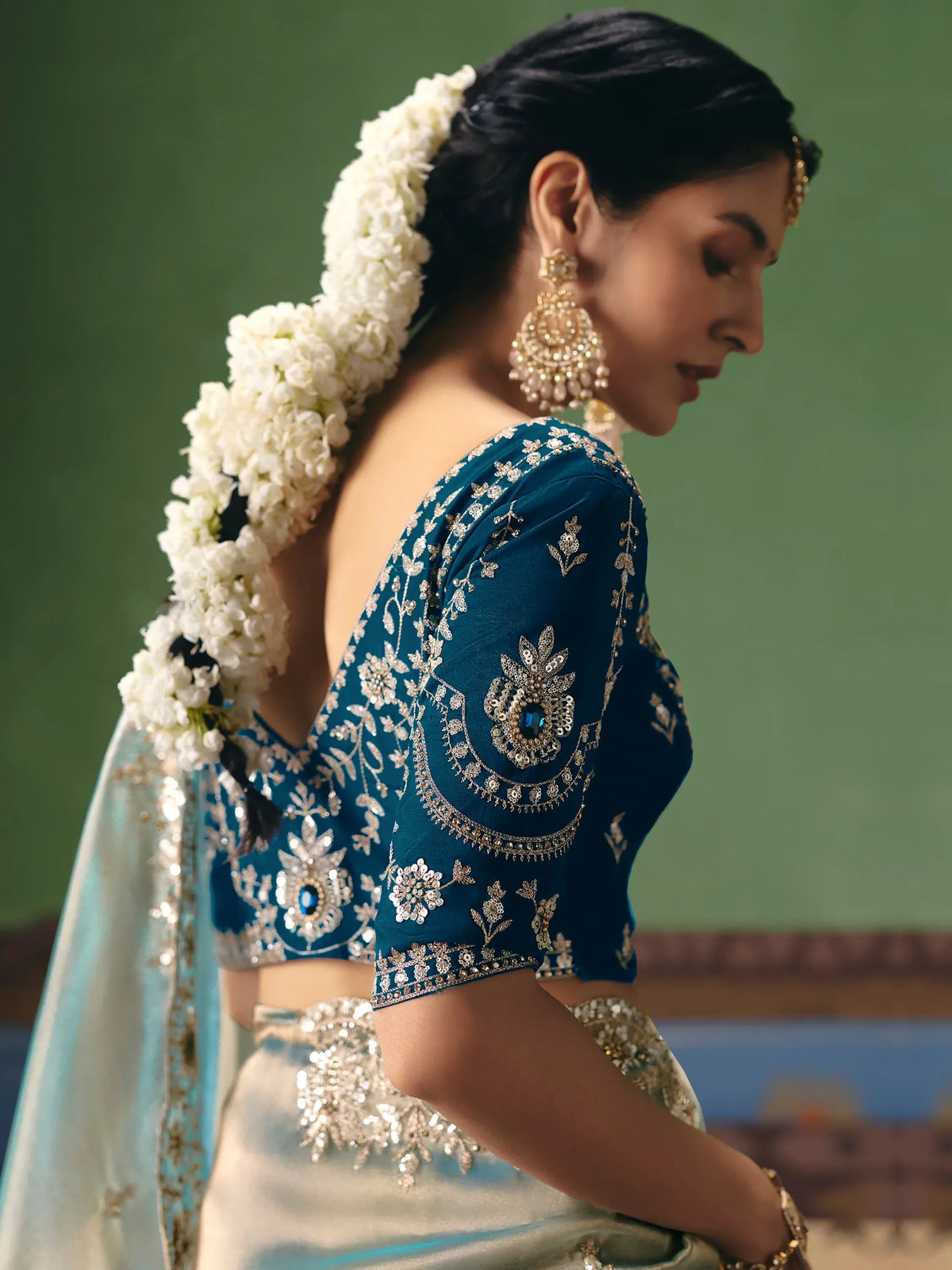 Super Mint Green Embroidered Silk Engagement Wear Saree With Blouse