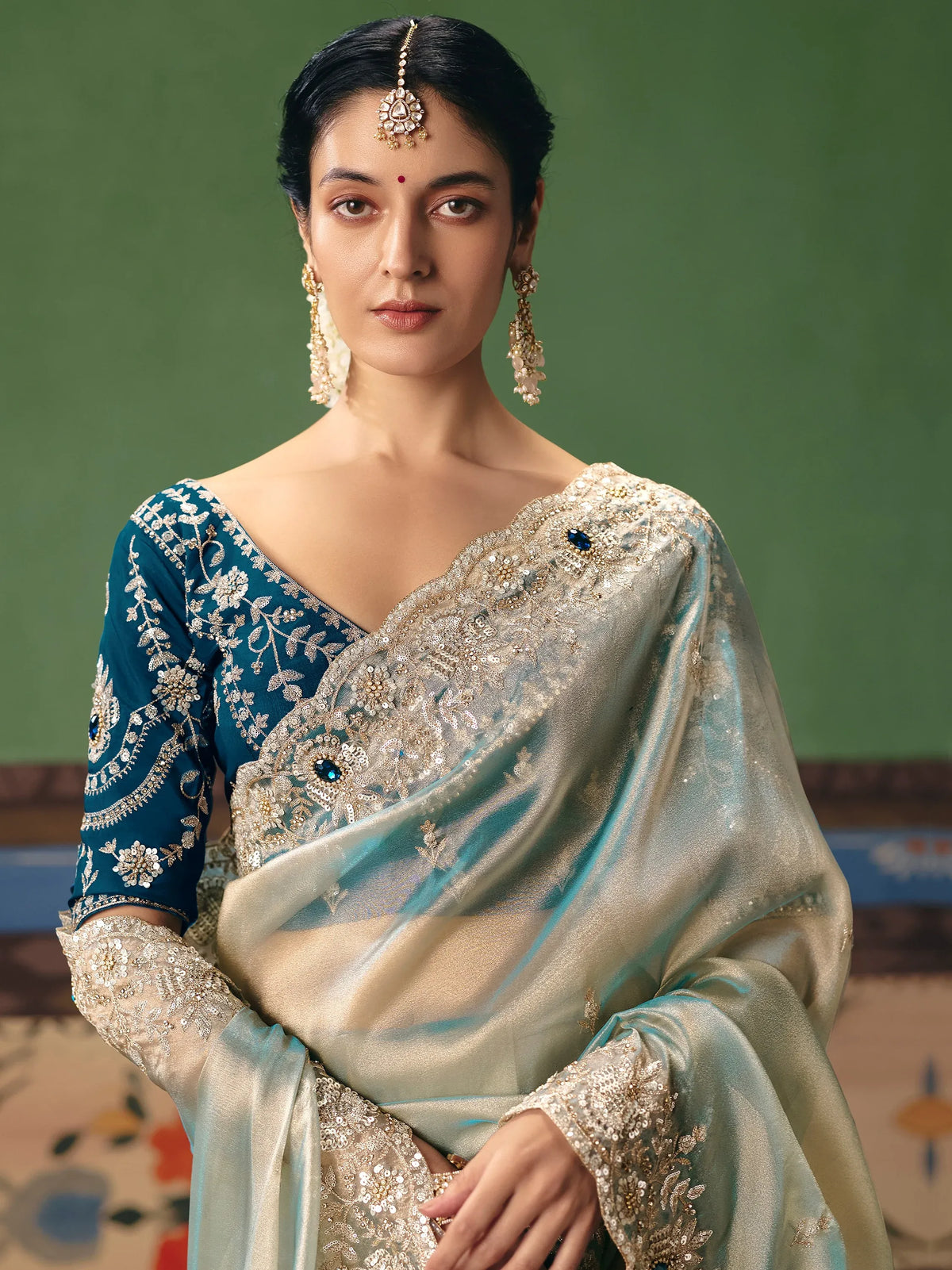 Super Mint Green Embroidered Silk Engagement Wear Saree With Blouse