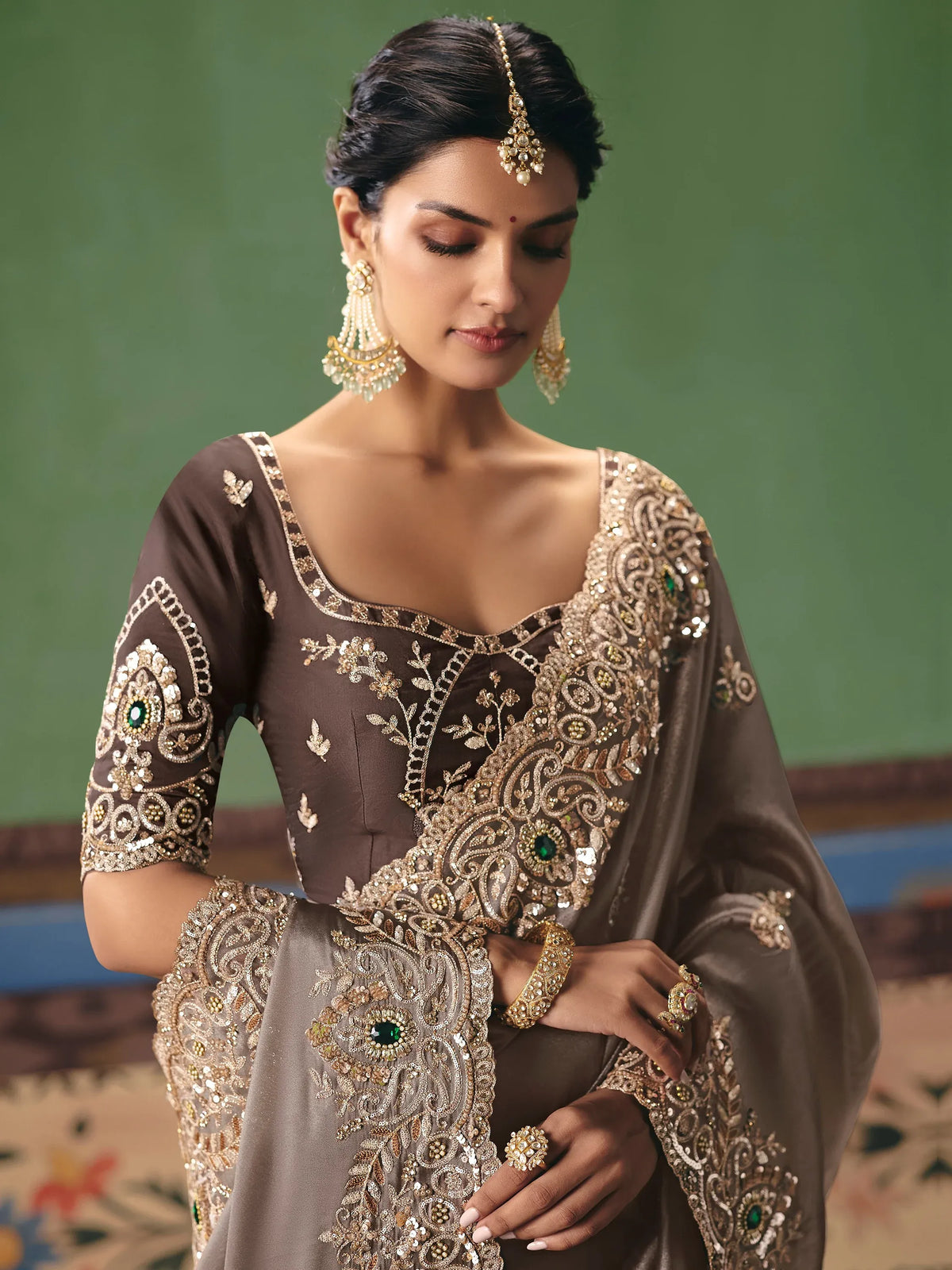 Tremendous Gray Stone Embroidery Silk Reception Wear Saree With Blouse