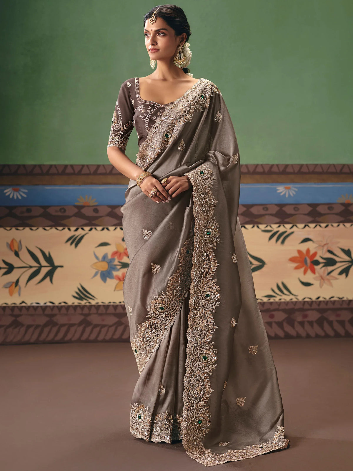 Tremendous Gray Stone Embroidery Silk Reception Wear Saree With Blouse