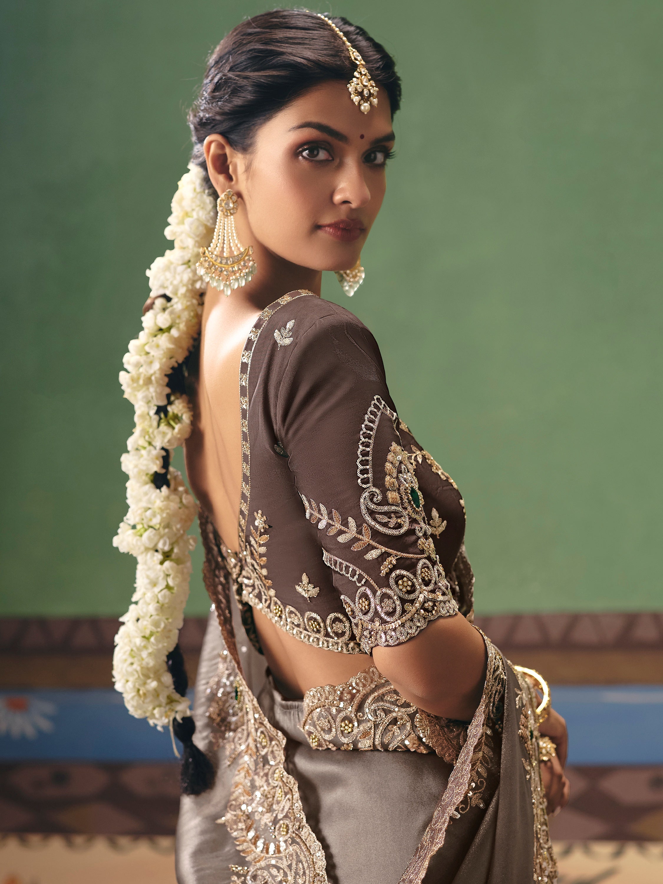 Tremendous Gray Stone Embroidery Silk Reception Wear Saree With Blouse