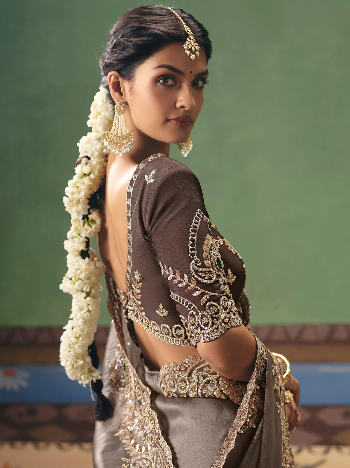 Tremendous Gray Stone Embroidery Silk Reception Wear Saree With Blouse