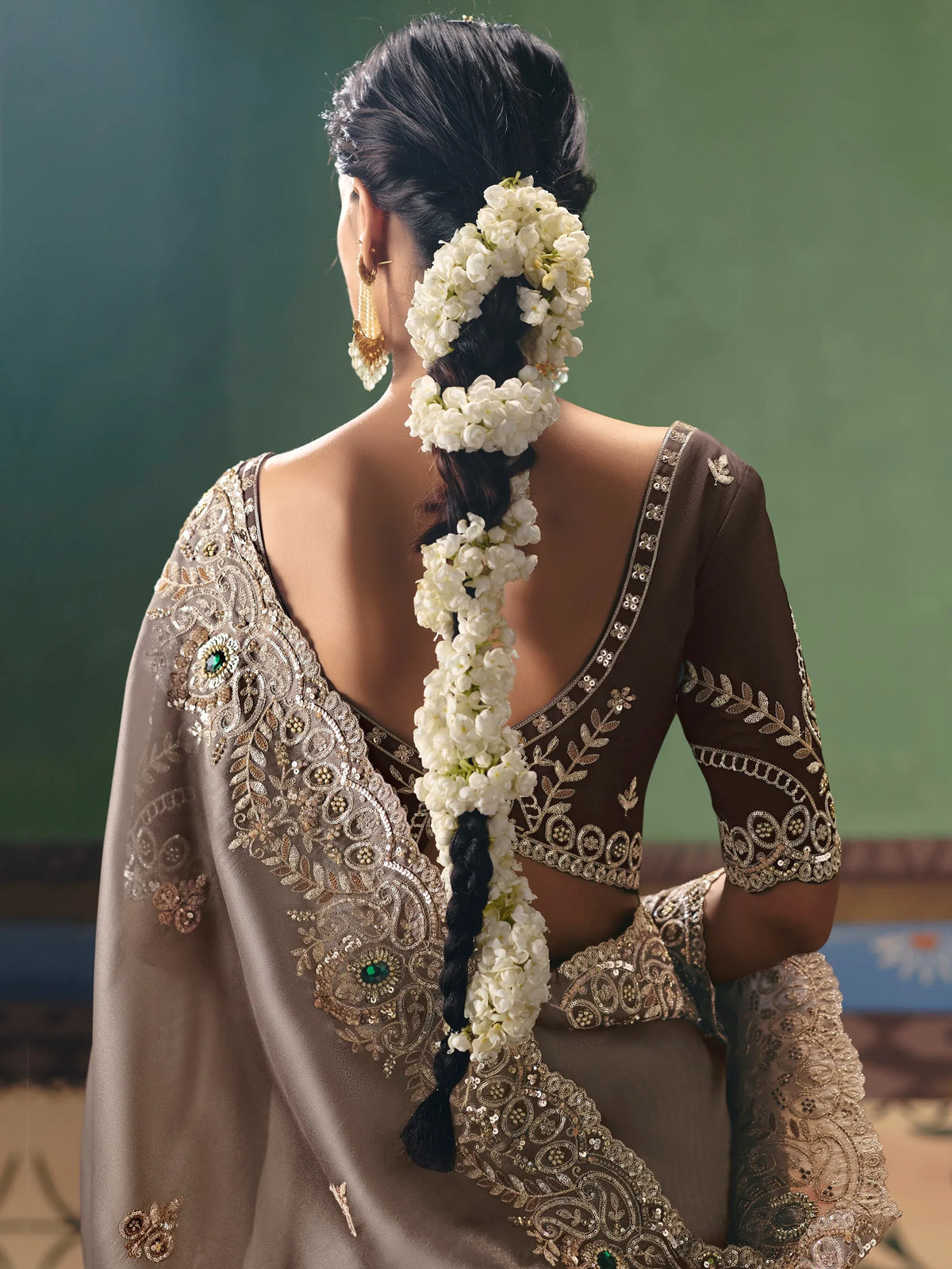 Tremendous Gray Stone Embroidery Silk Reception Wear Saree With Blouse