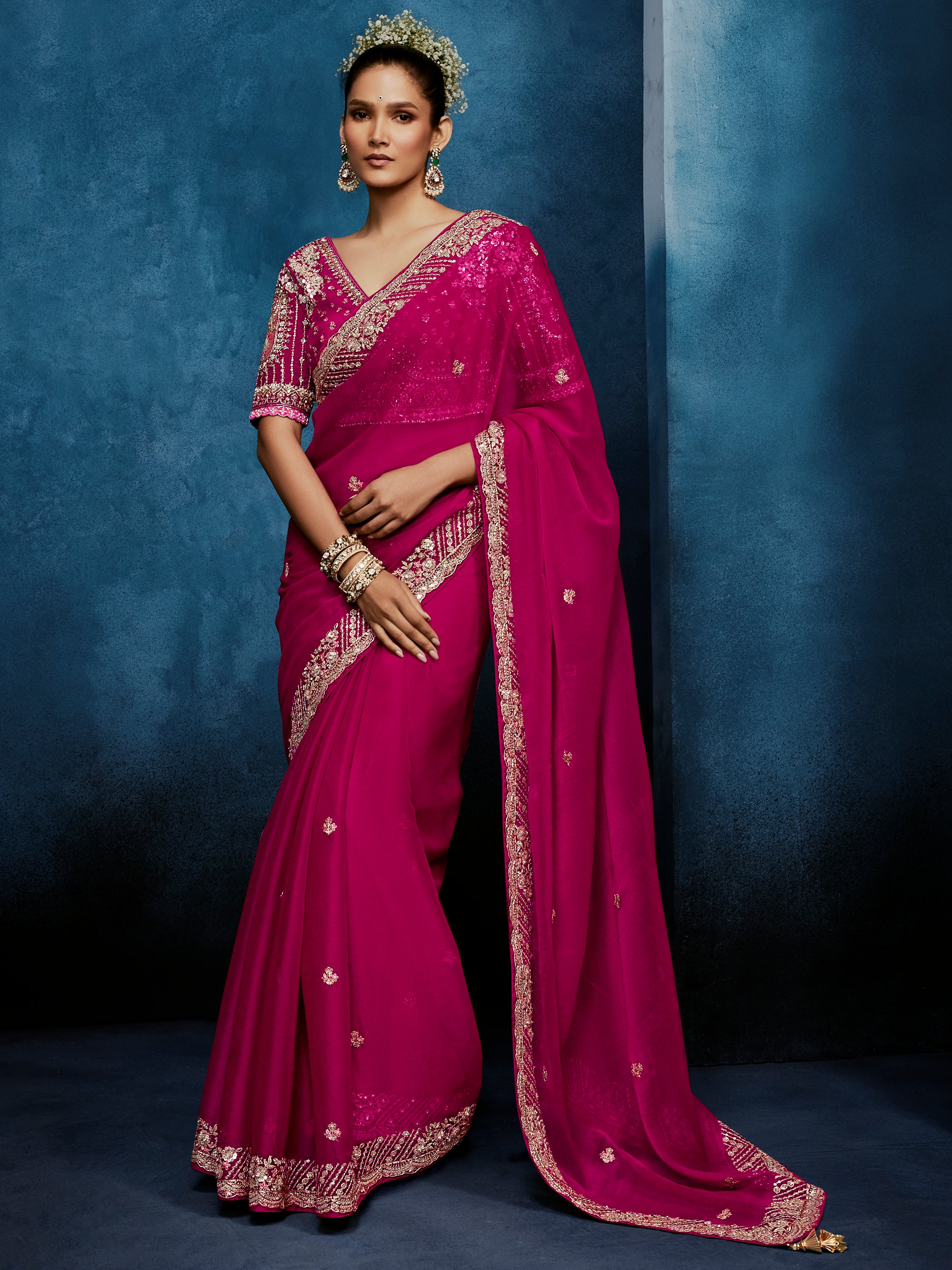 Impressive Rani Pink Khatli Work Silk Wedding Wear Saree With Blouse