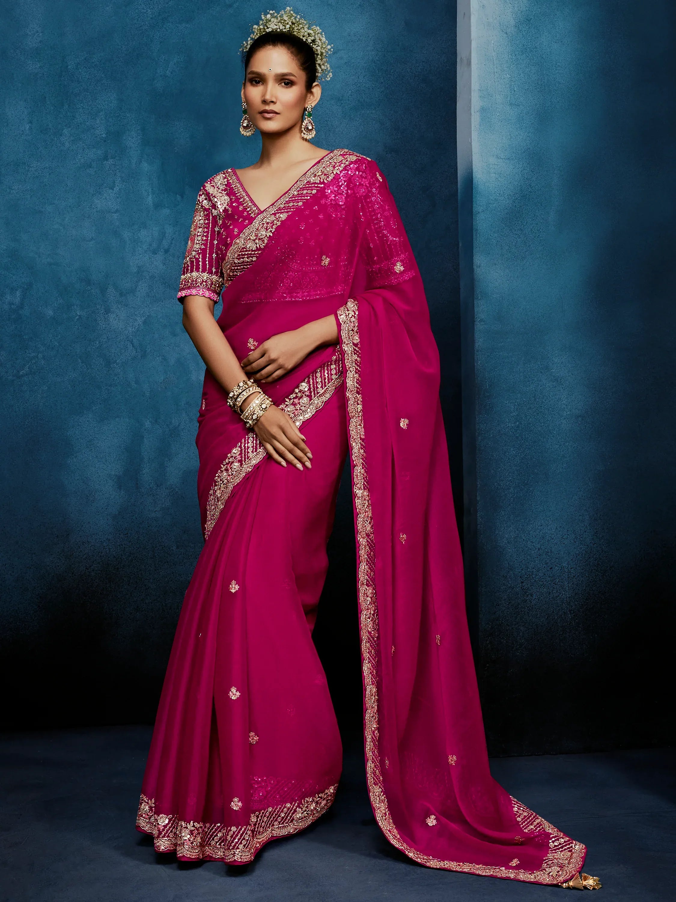 Impressive Rani Pink Khatli Work Silk Wedding Wear Saree With Blouse