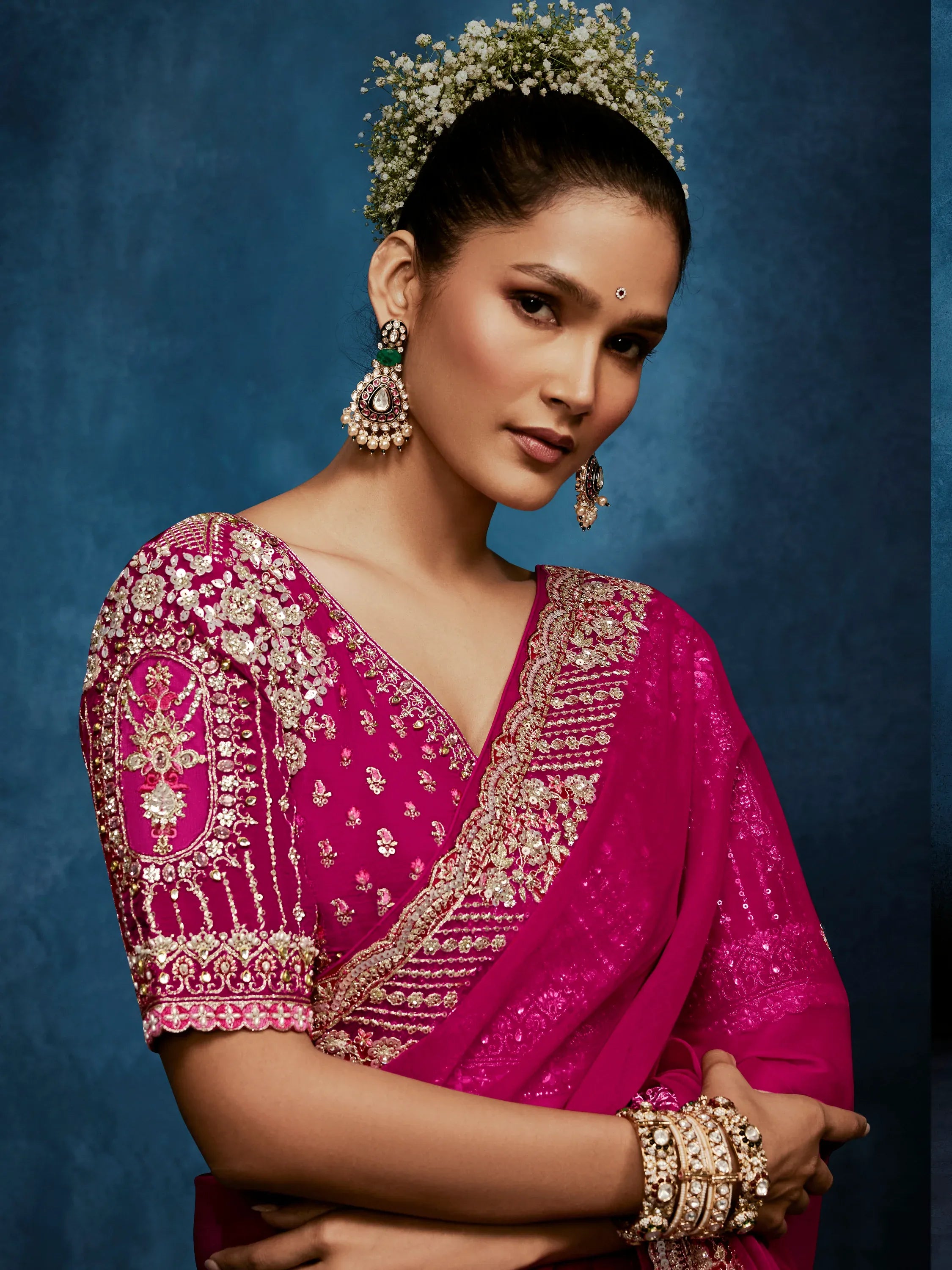 Impressive Rani Pink Khatli Work Silk Wedding Wear Saree With Blouse