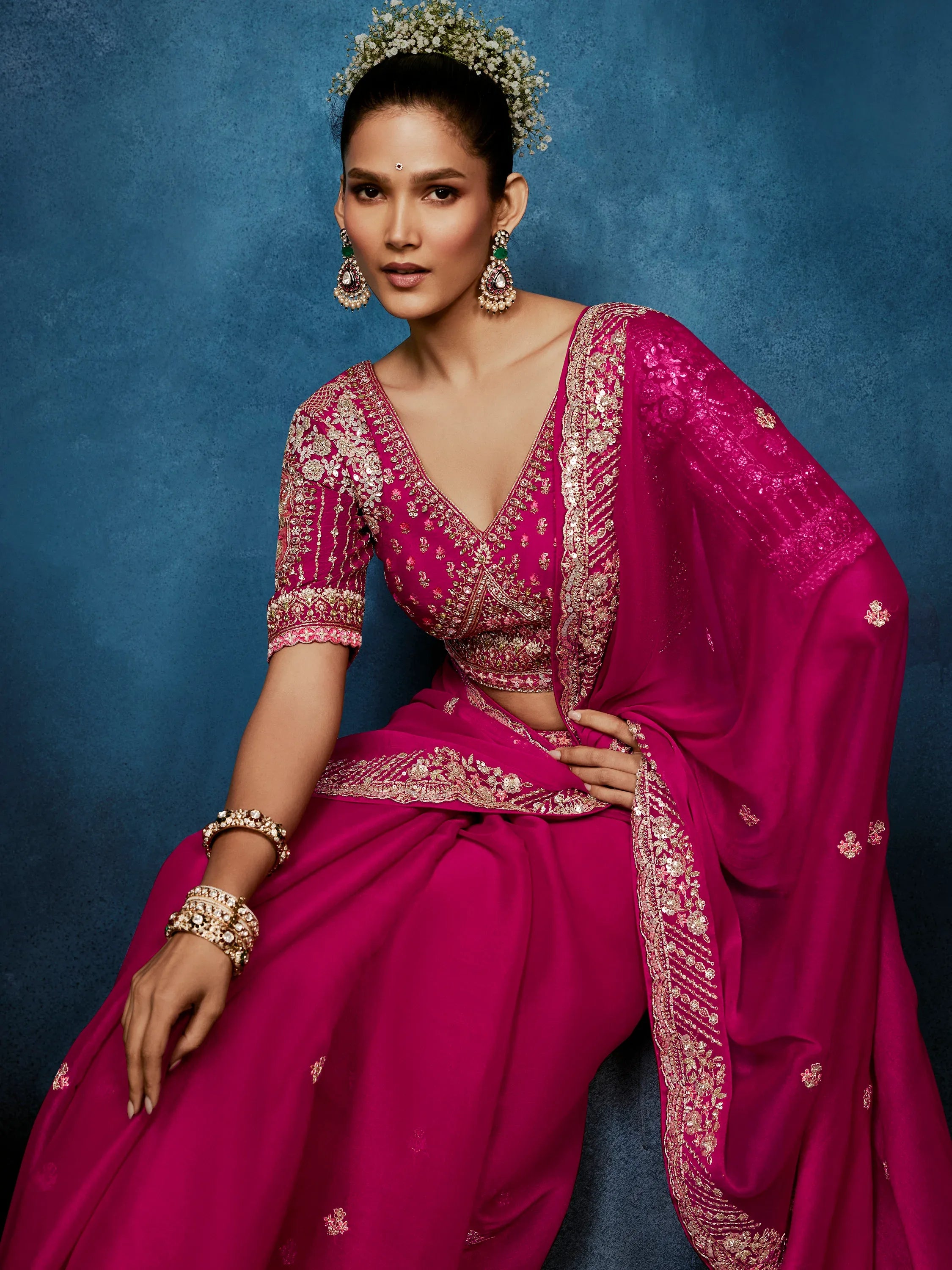 Impressive Rani Pink Khatli Work Silk Wedding Wear Saree With Blouse