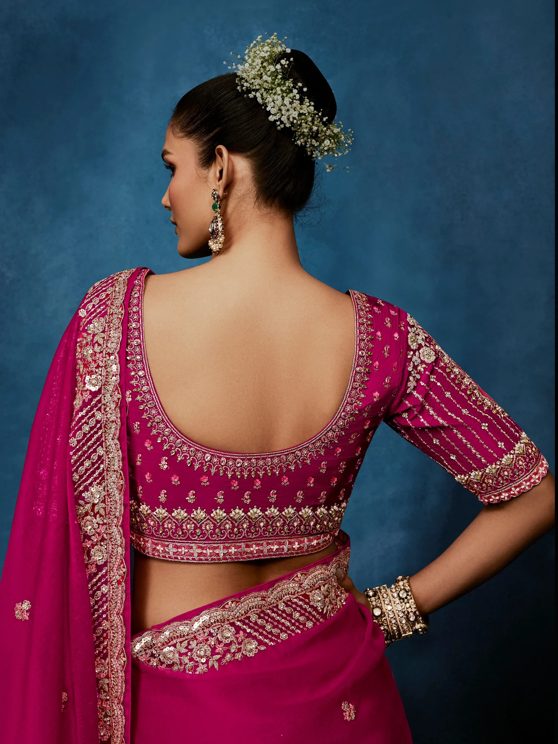 Impressive Rani Pink Khatli Work Silk Wedding Wear Saree With Blouse