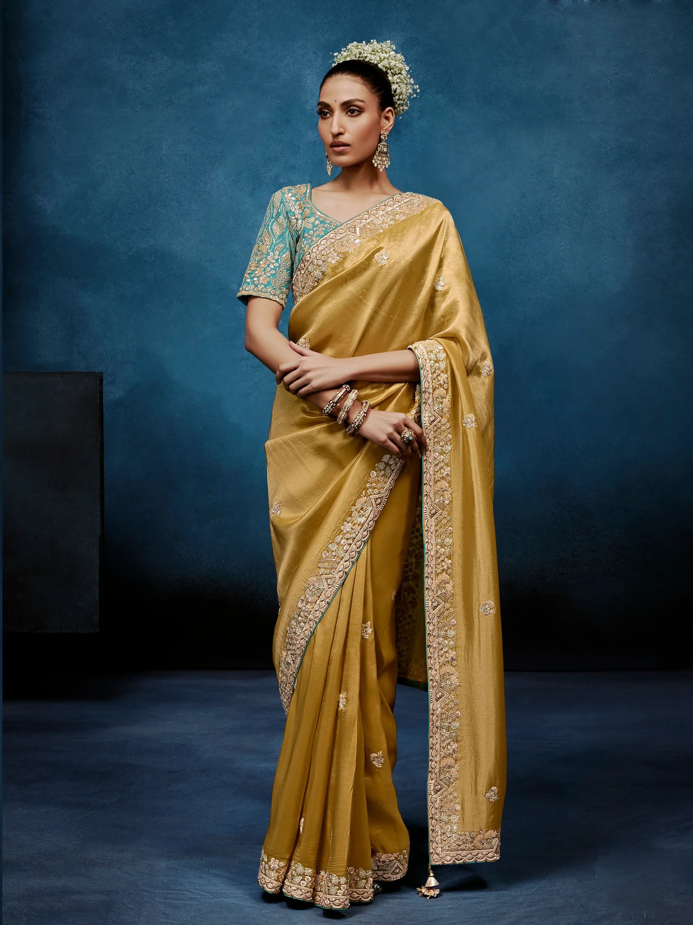 Gorgeous Golden Hand Embroidery Silk Event Wear Saree With Blouse