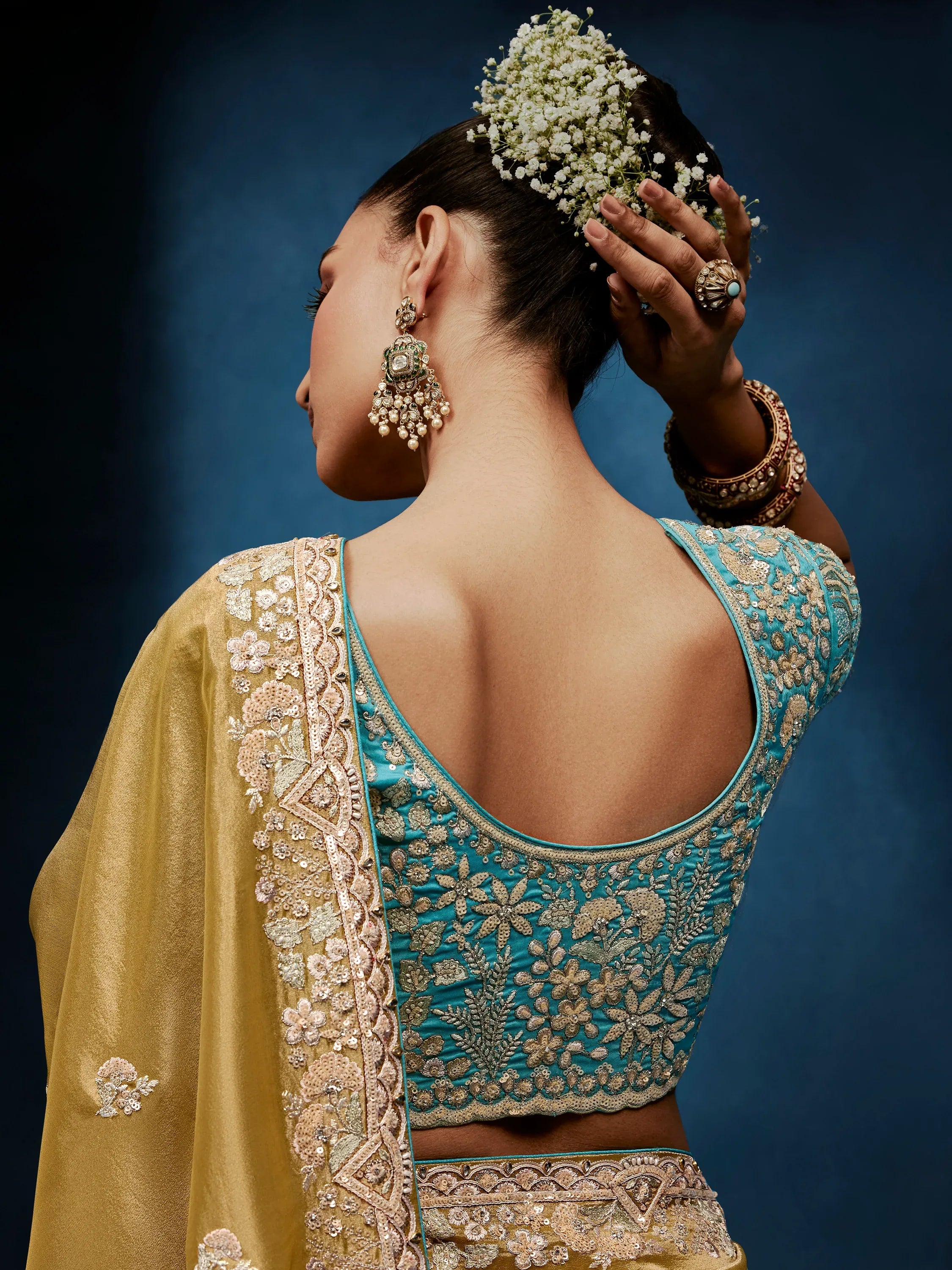 Gorgeous Golden Hand Embroidery Silk Event Wear Saree With Blouse