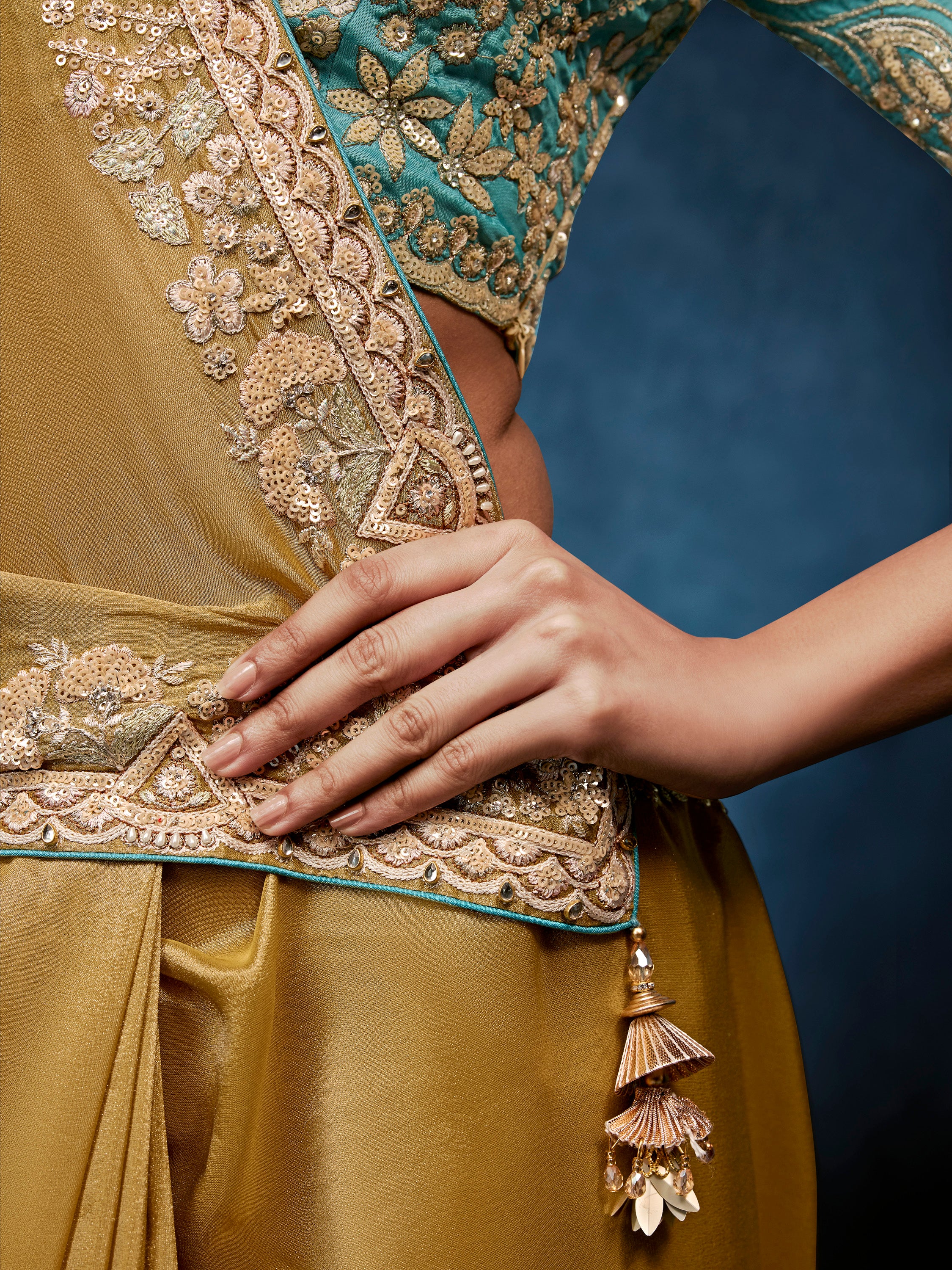 Gorgeous Golden Hand Embroidery Silk Event Wear Saree With Blouse
